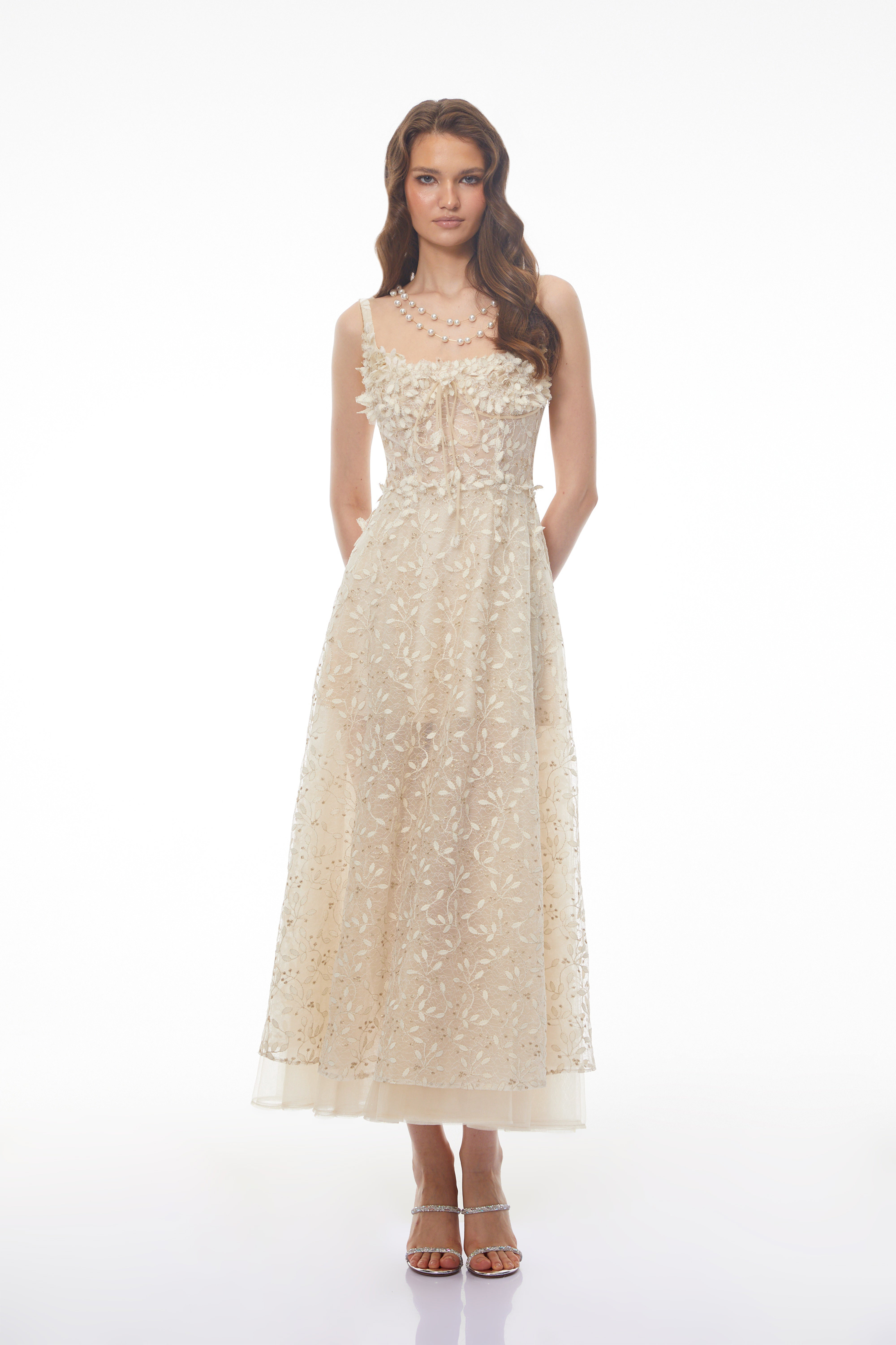Off-white floral embroidered midi dress with shoulder straps