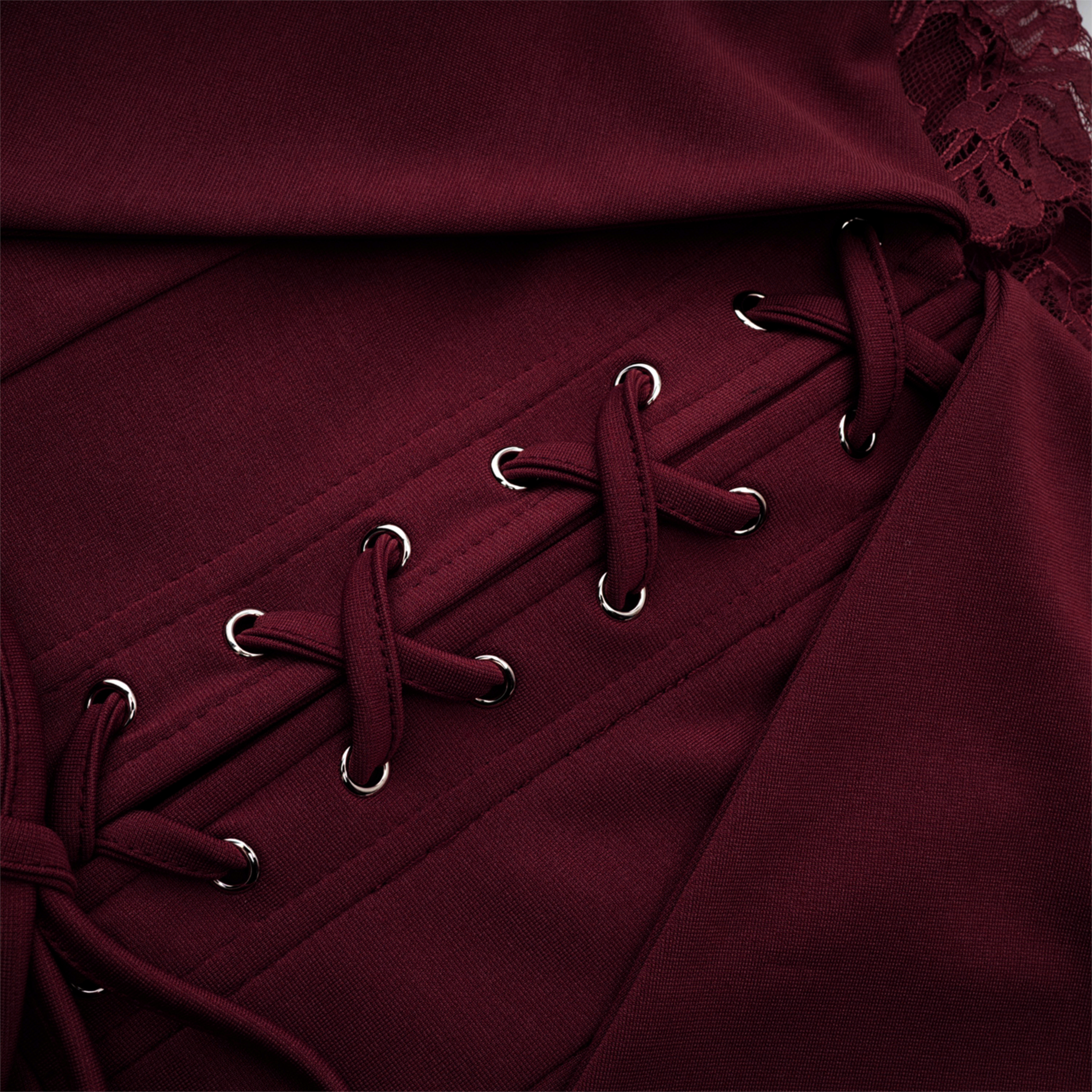 Burgundy off-the-shoulder maxi gown with sheer lace long sleeves