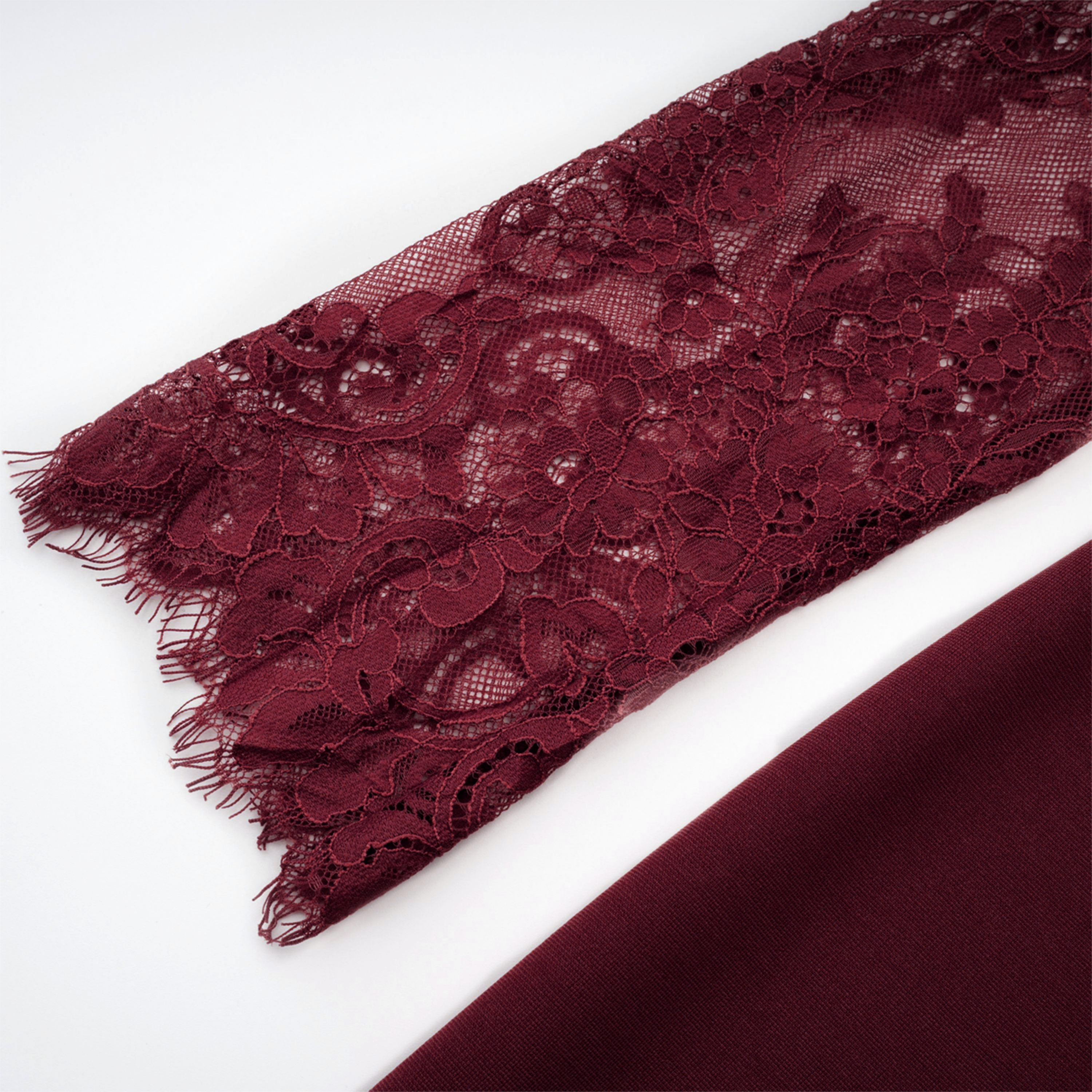 Burgundy off-the-shoulder maxi gown with sheer lace long sleeves