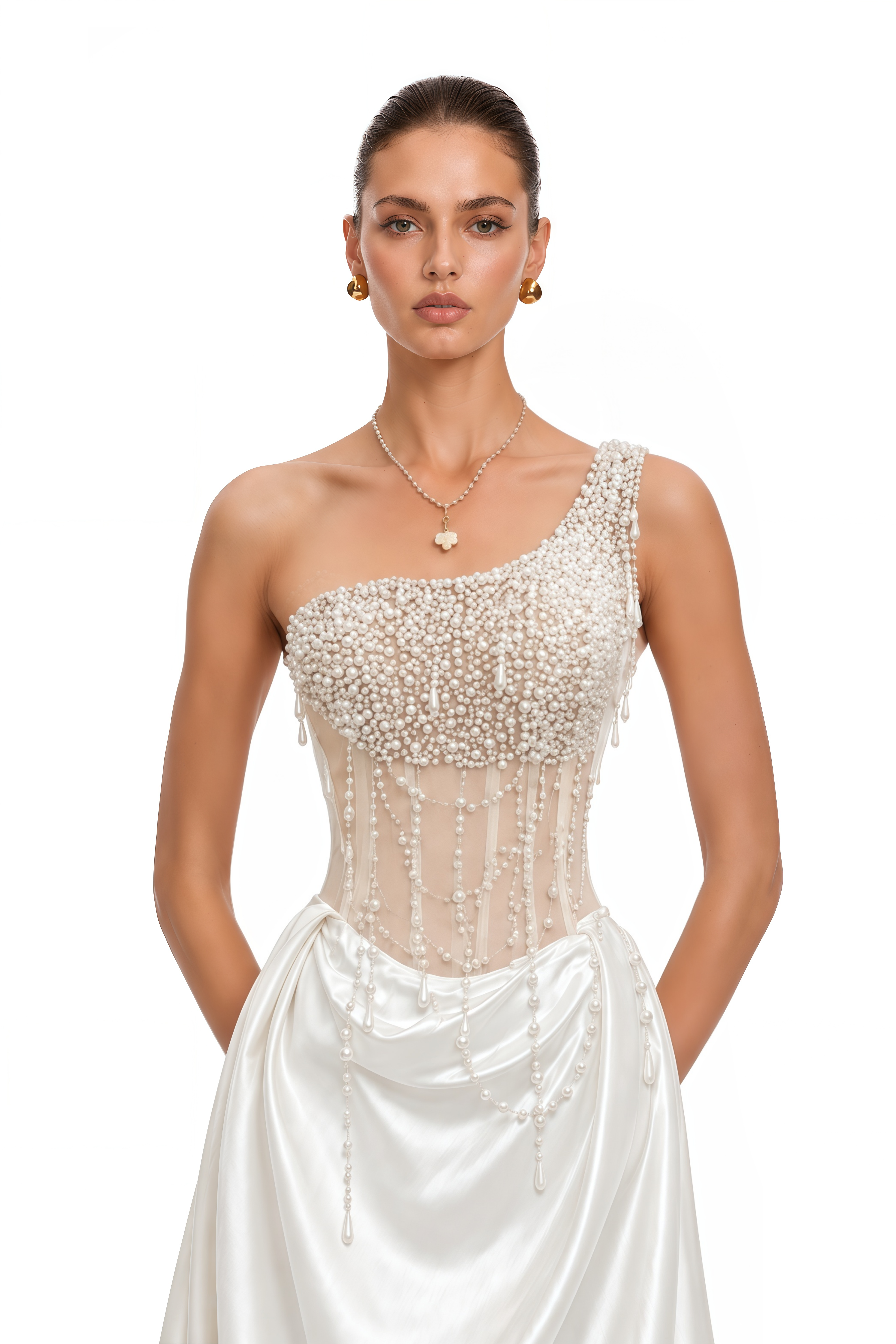 Hasti Cream White Ruched Maxi Dress with Chain Detail