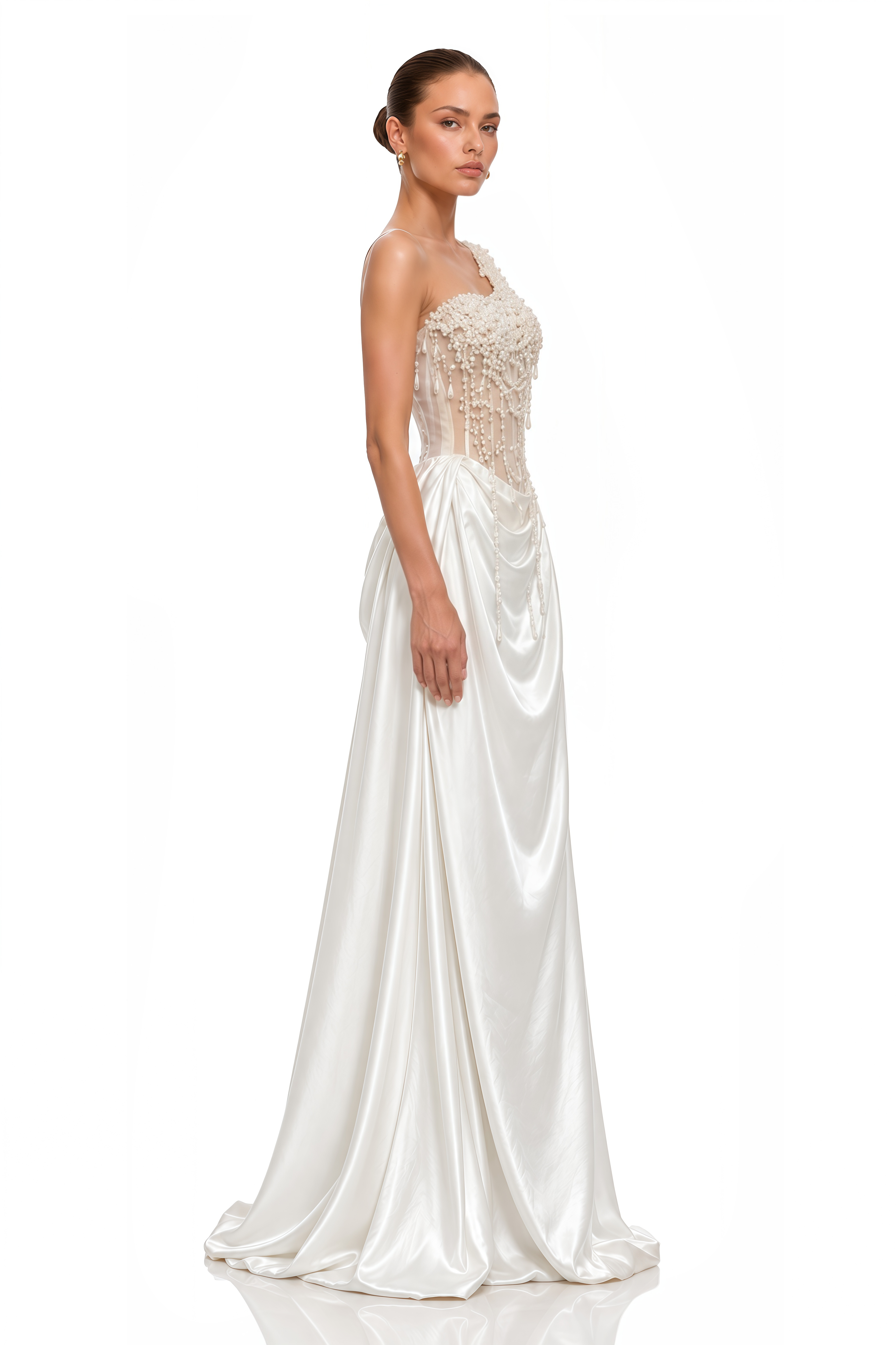 Hasti Cream White Ruched Maxi Dress with Chain Detail