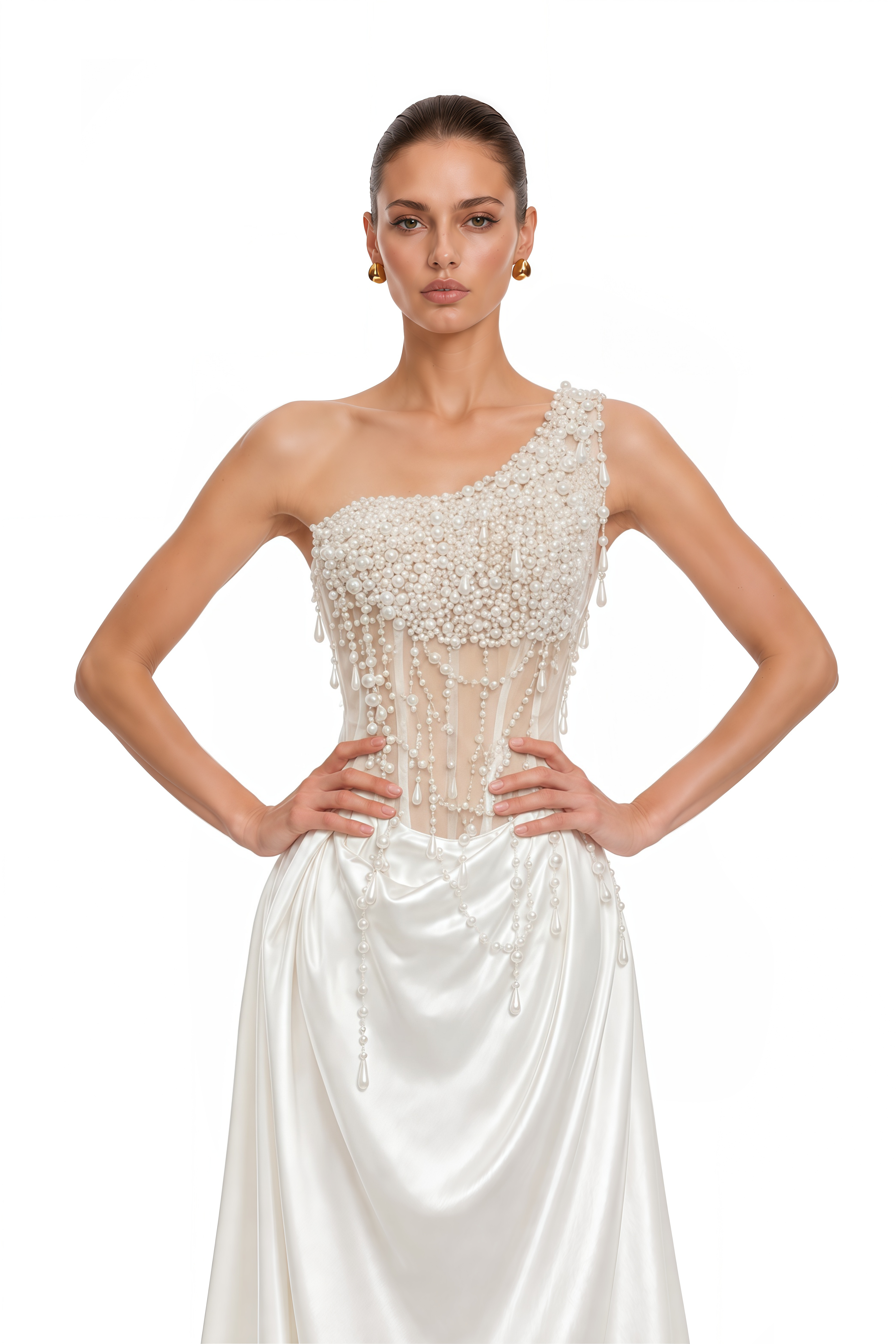 Hasti Cream White Ruched Maxi Dress with Chain Detail