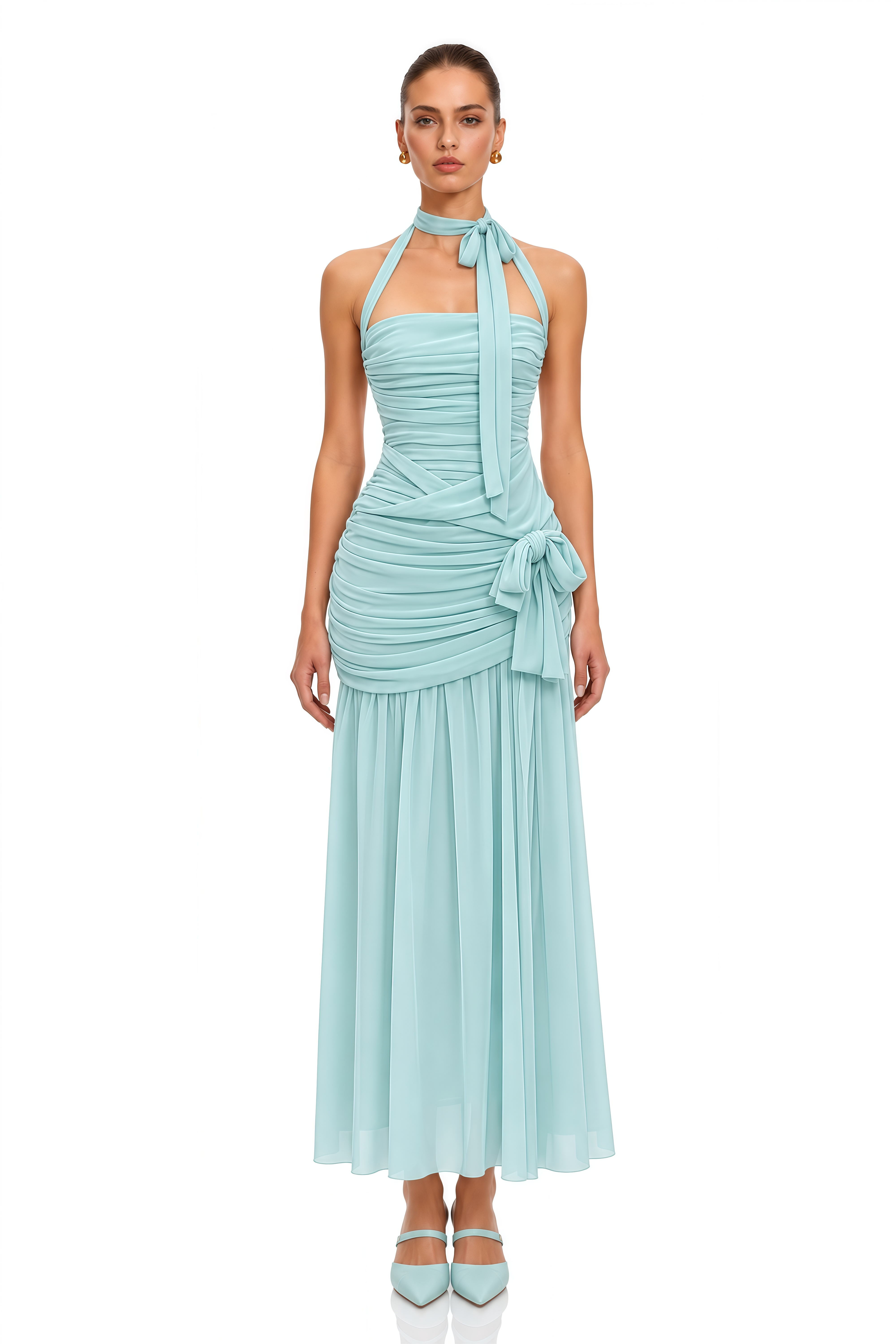 Ilaria Blue Halterneck Ruched Chiffon Maxi Dress