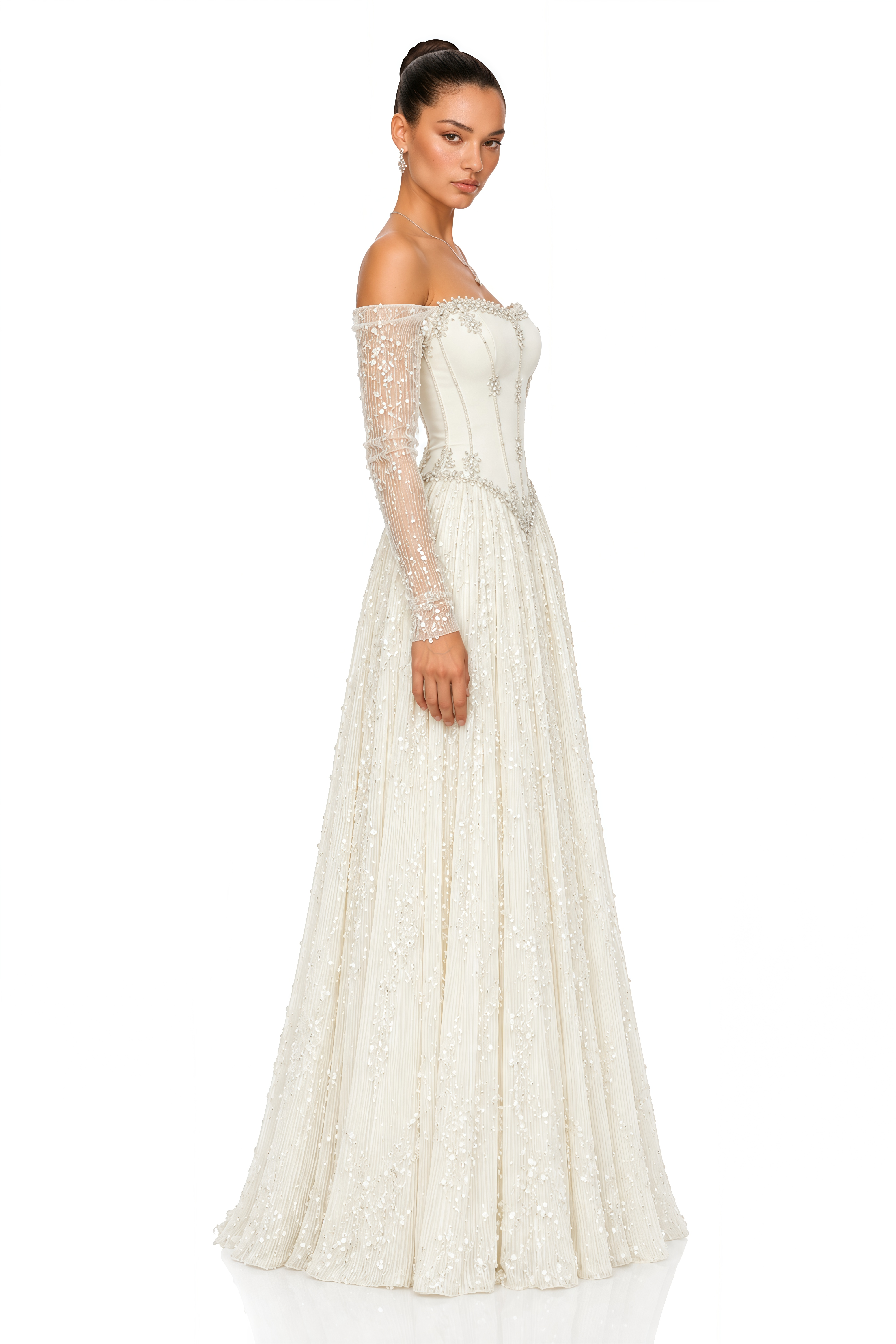 Inayah Ivory Beaded Off Shoulder Corset Maxi Dress