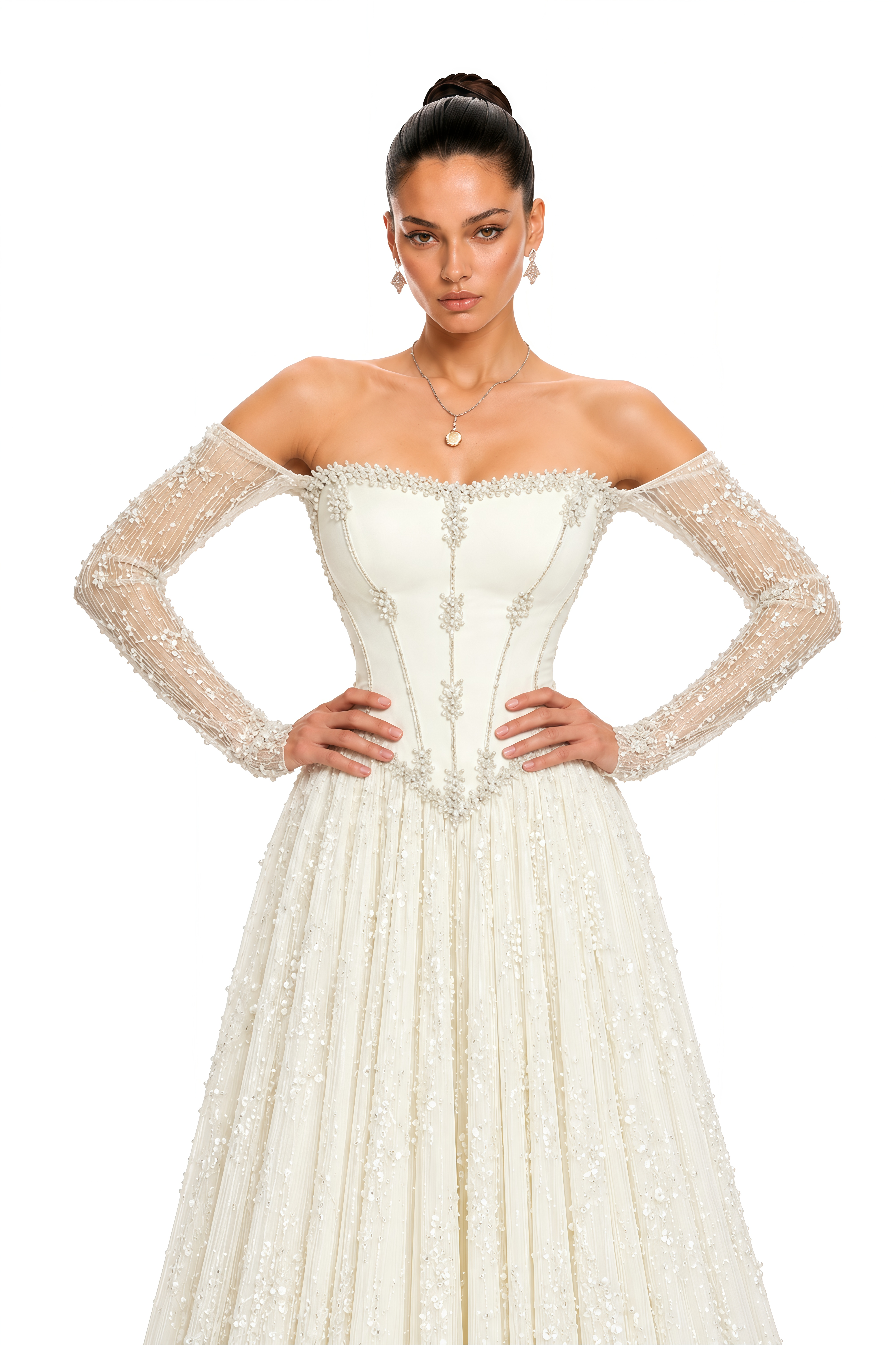 Inayah Ivory Beaded Off Shoulder Corset Maxi Dress