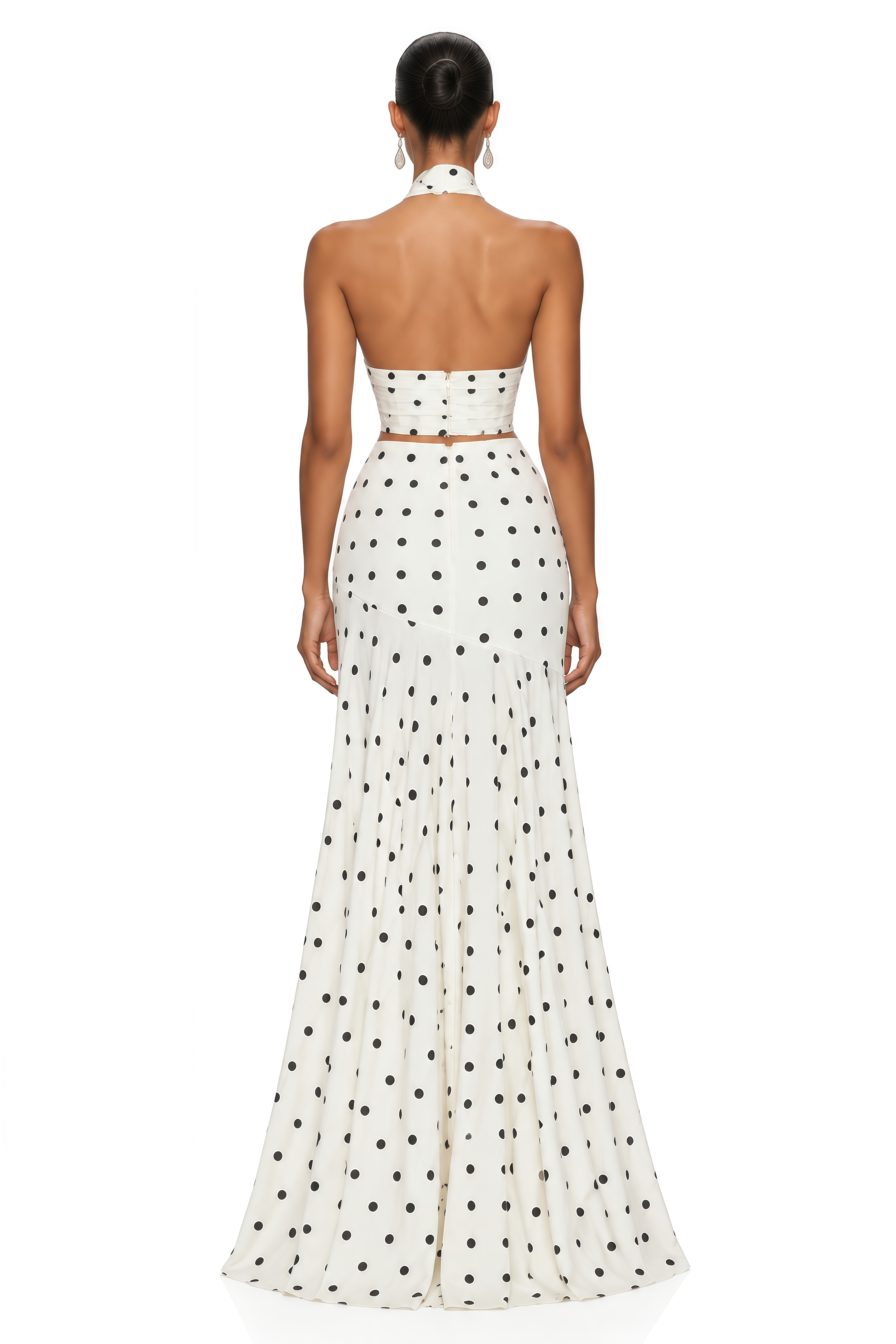 Jemima White Polka Dot Halter Top & Slit Maxi Skirt Set