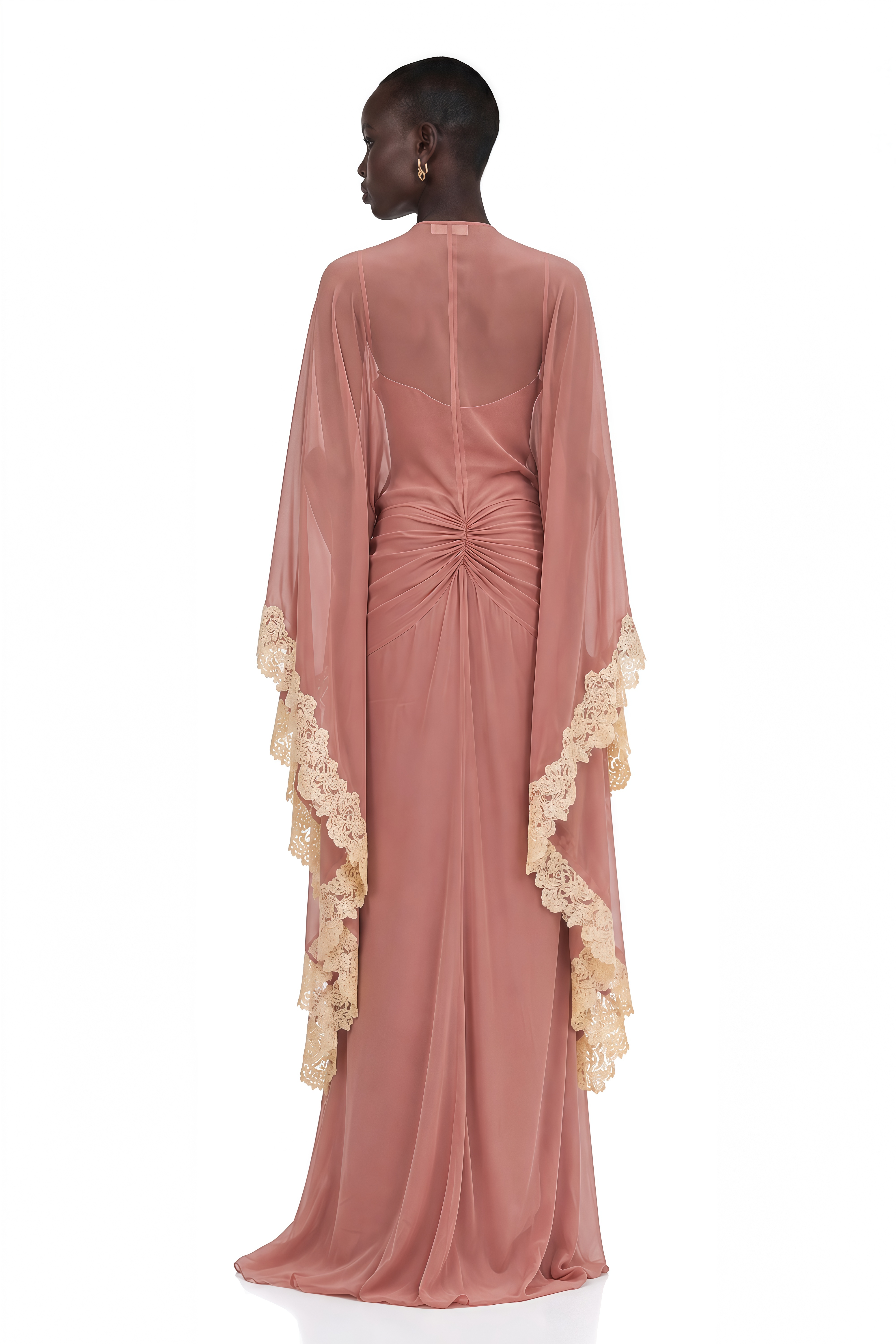 Kaiah Dusty Rose Lace Trim Ruched Maxi Dress