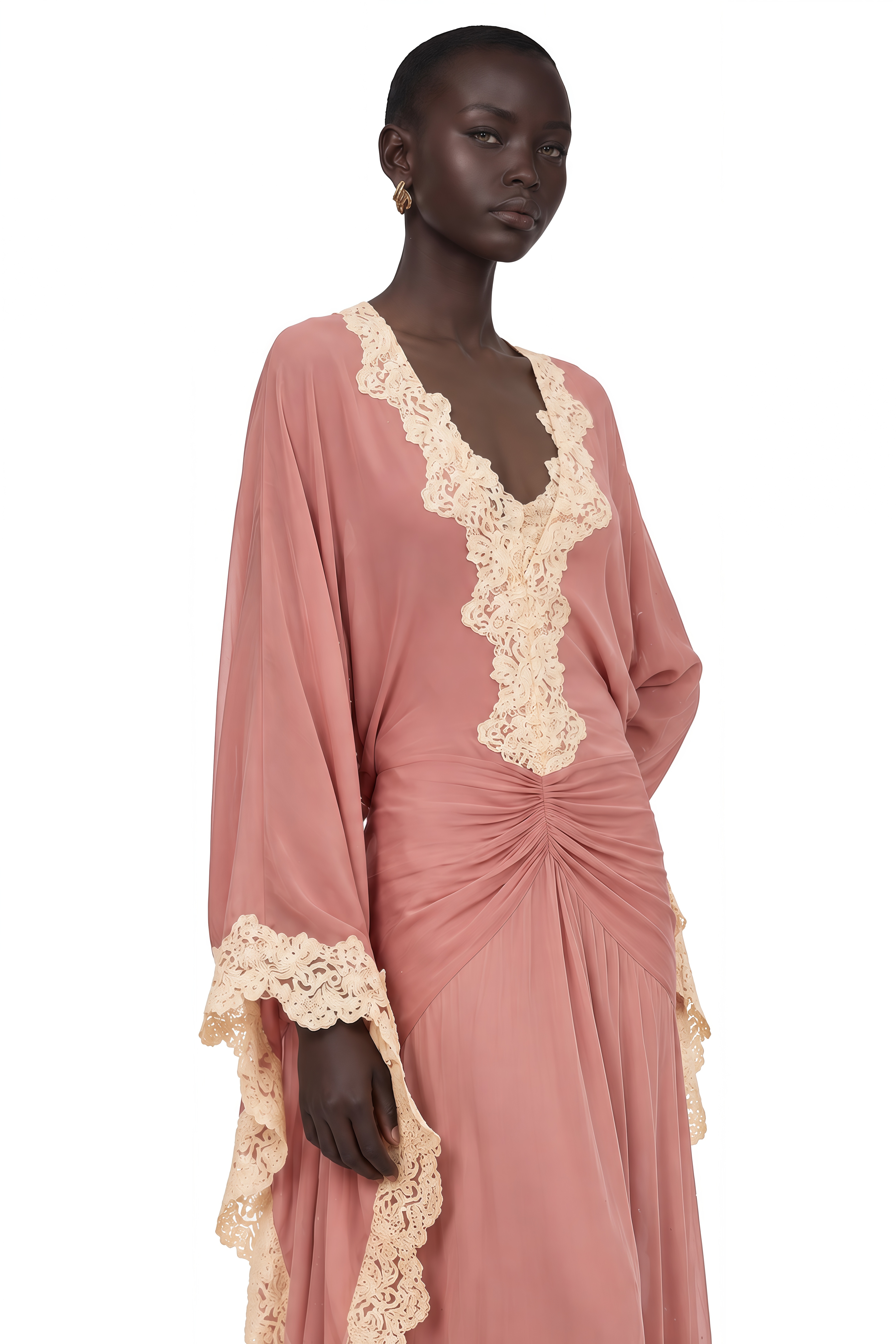 Kaiah Dusty Rose Lace Trim Ruched Maxi Dress