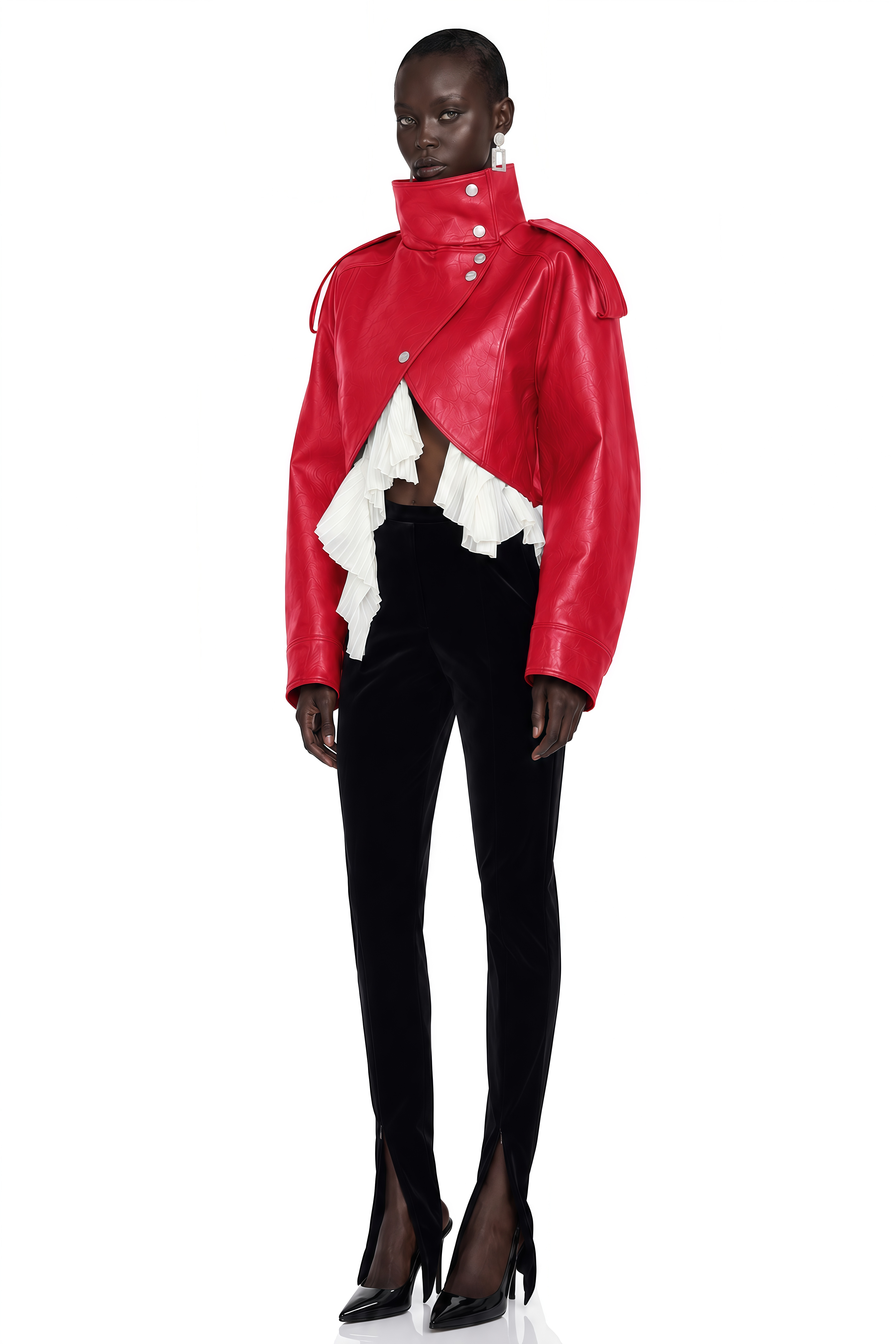 Landry Red High Neck Aysmmetrical Oversized Jacket