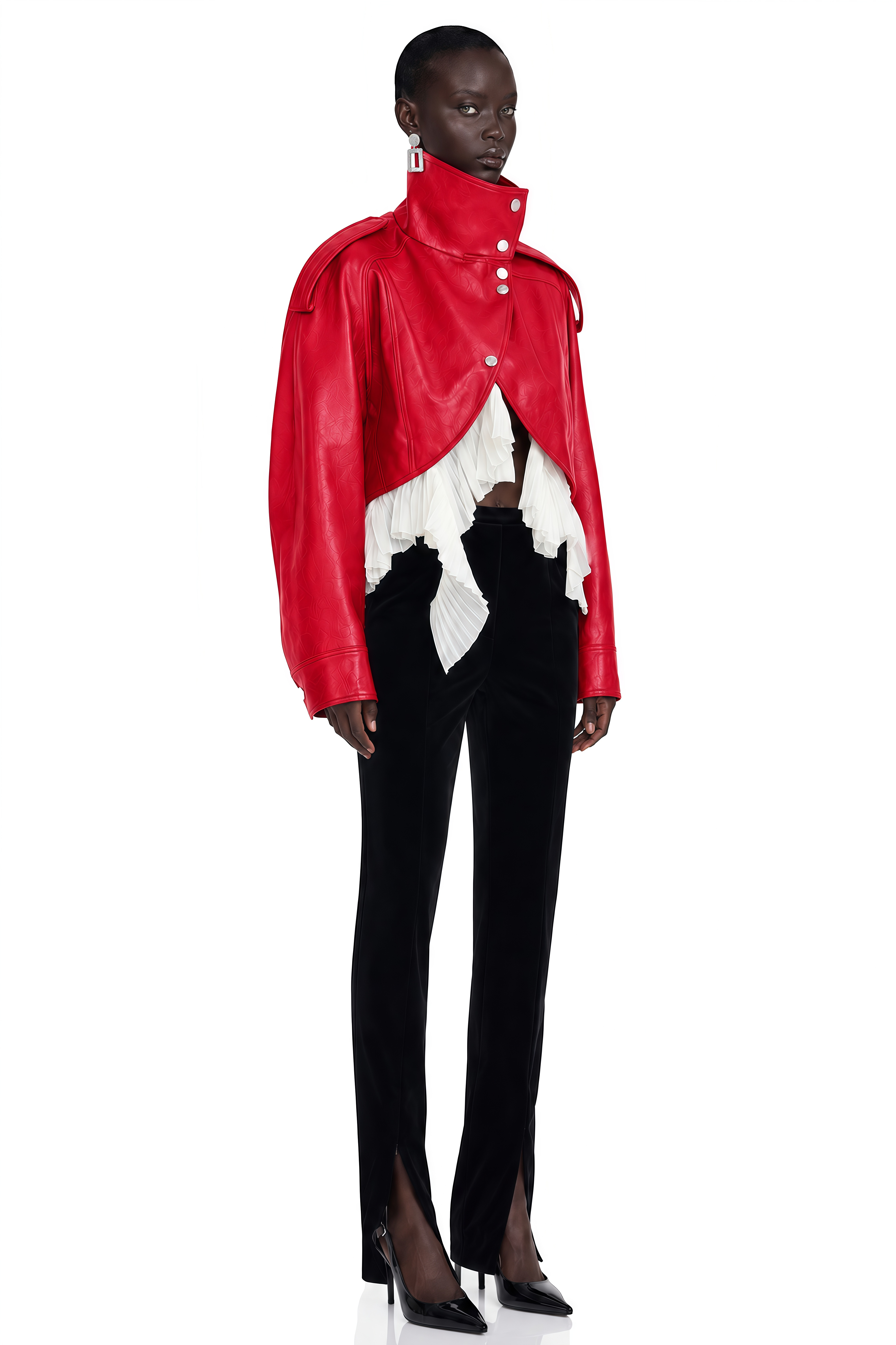 Landry Red High Neck Aysmmetrical Oversized Jacket