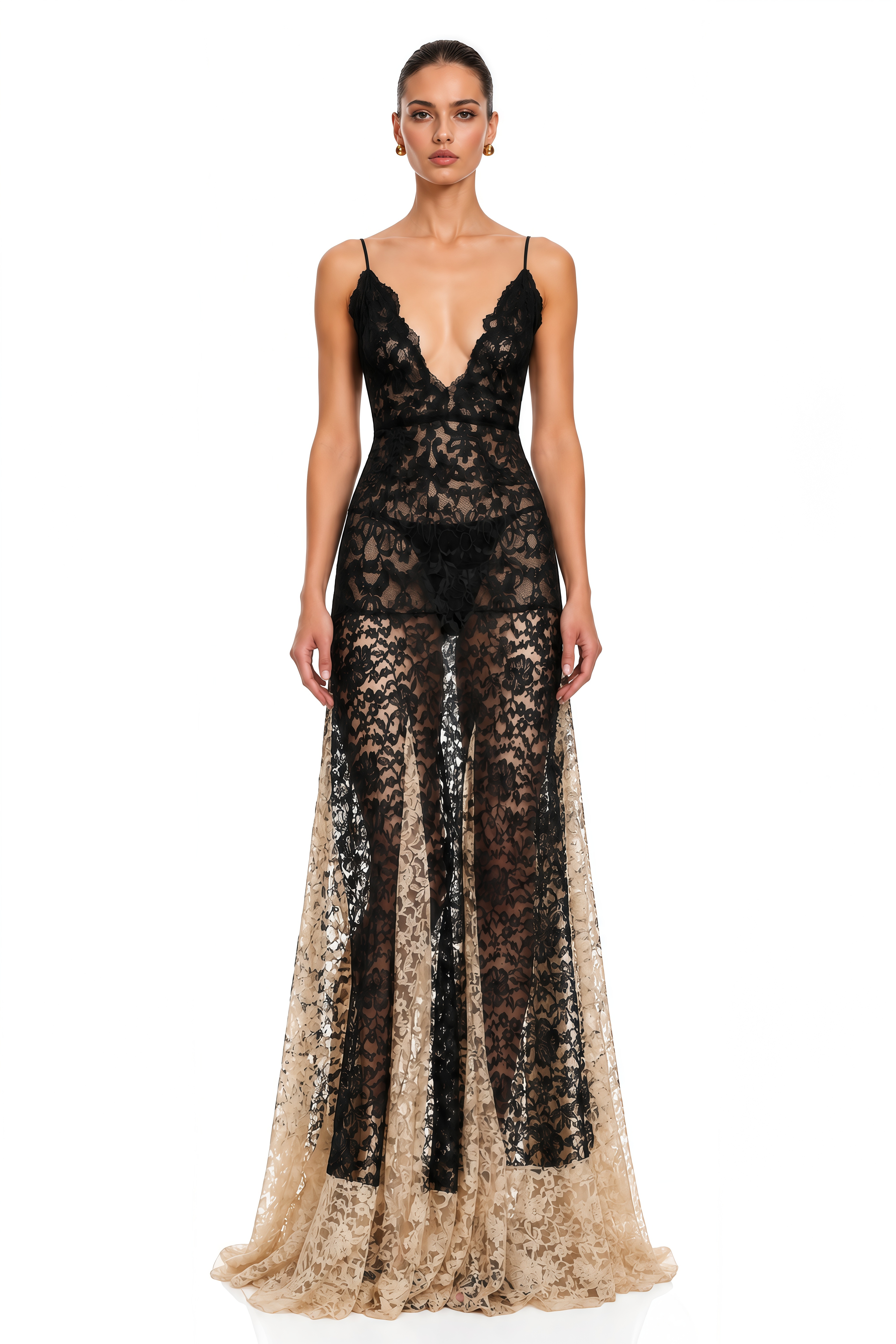 Lavinia Black Contrast Lace Plunge Neck Maxi Dress