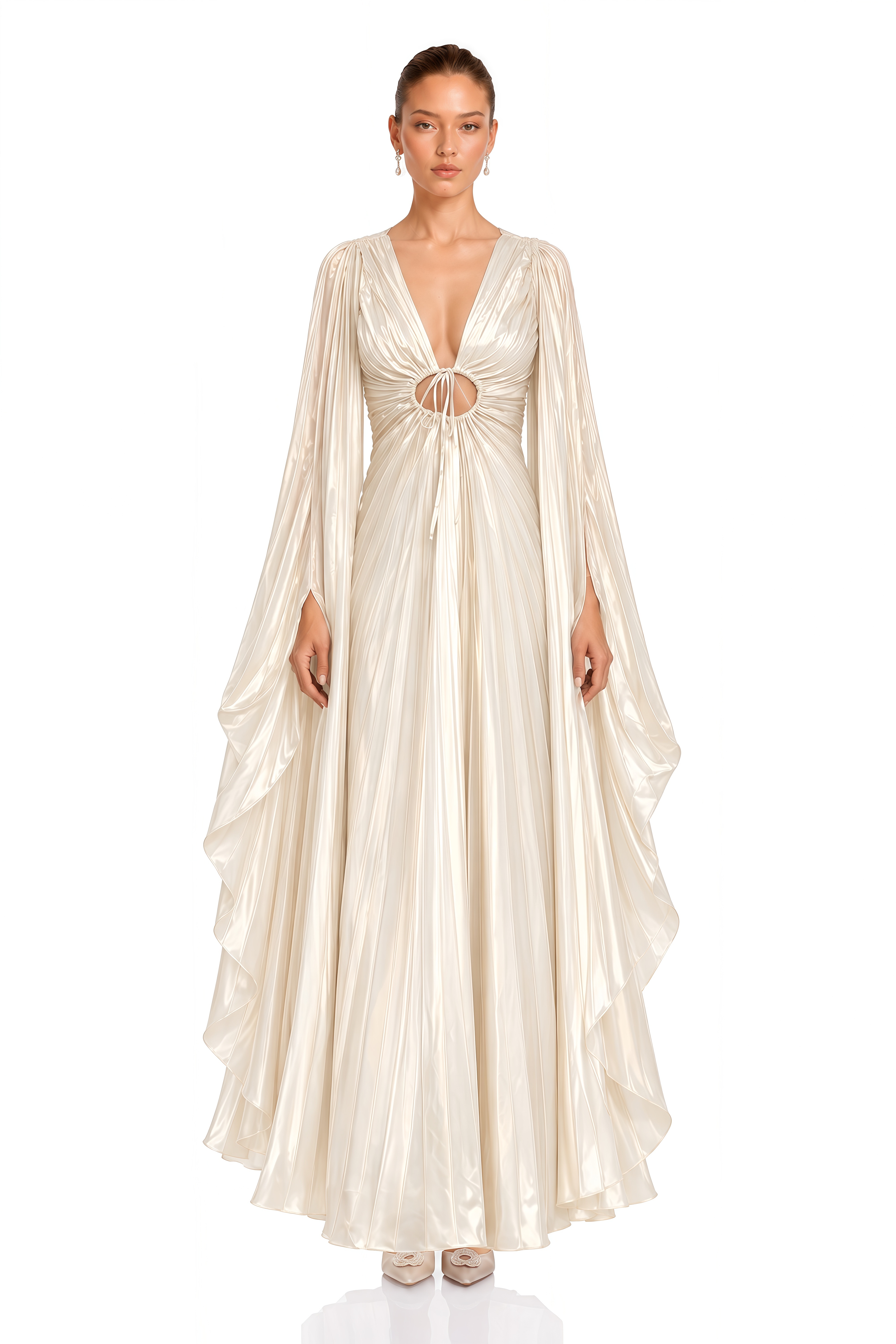 Liora Ivory Plunge Neck Cut-Out Pleated Maxi Dress