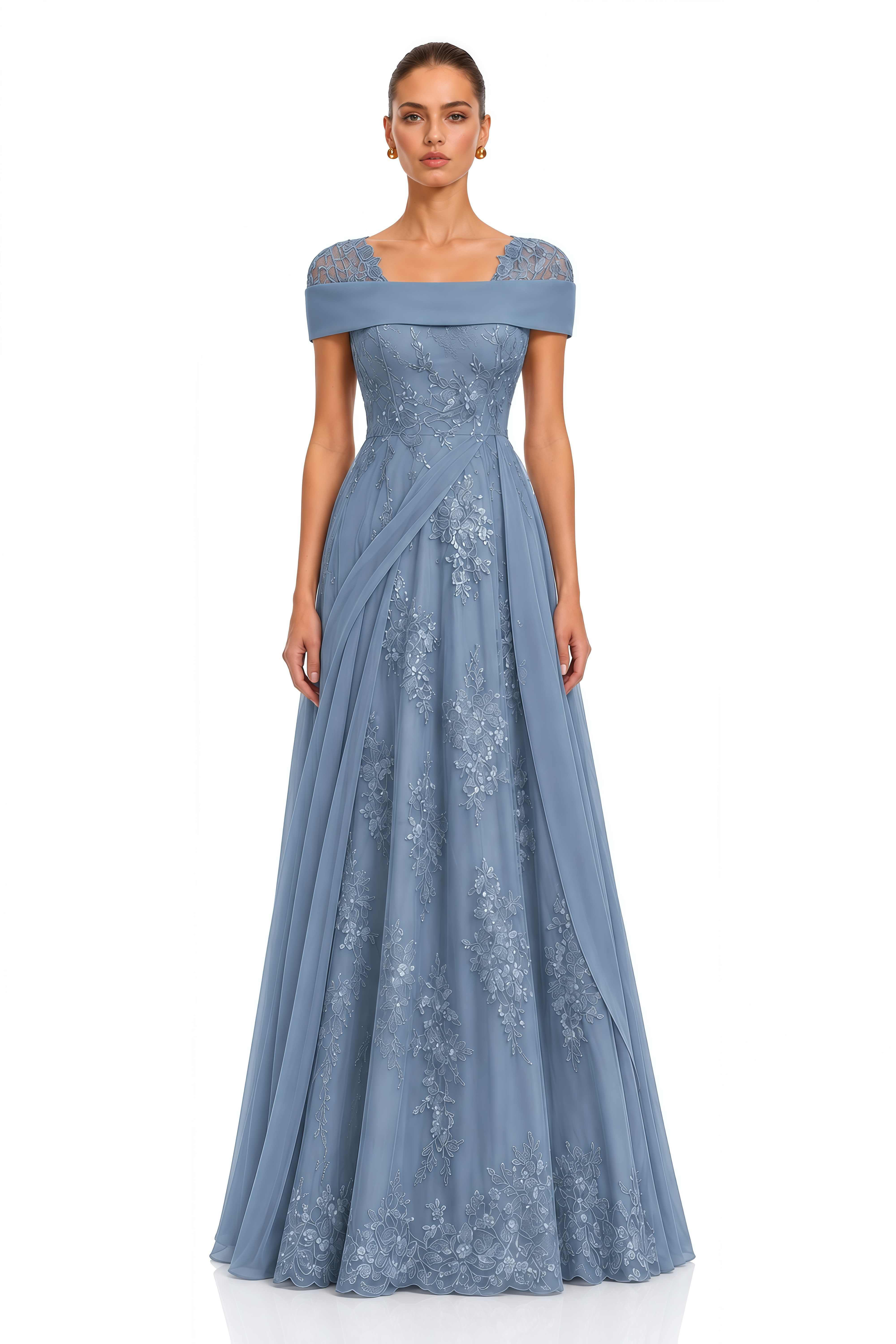 Lisette Dusty Blue Off Shoulder Floral Embroidered Maxi Gown