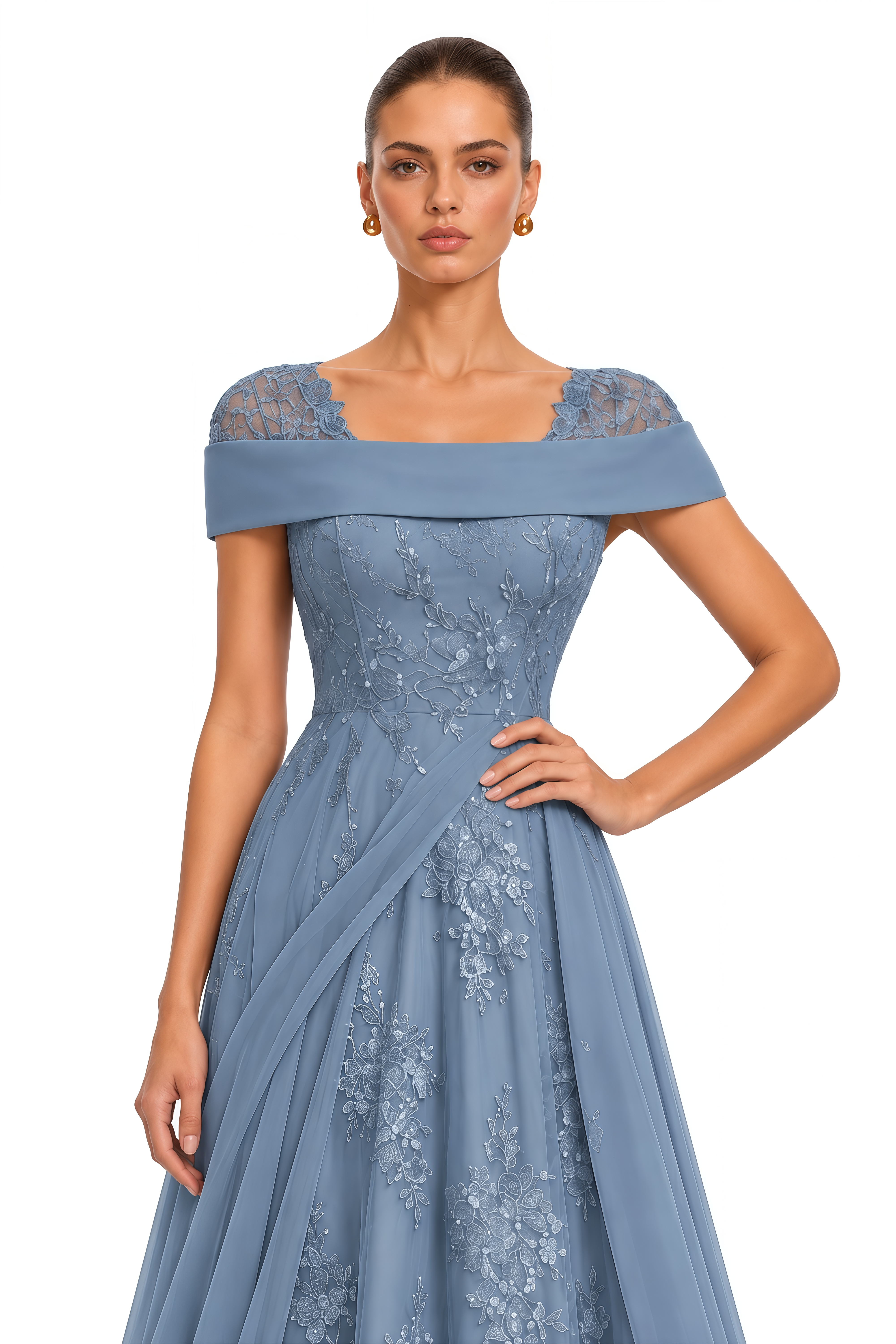 Lisette Dusty Blue Off Shoulder Floral Embroidered Maxi Gown