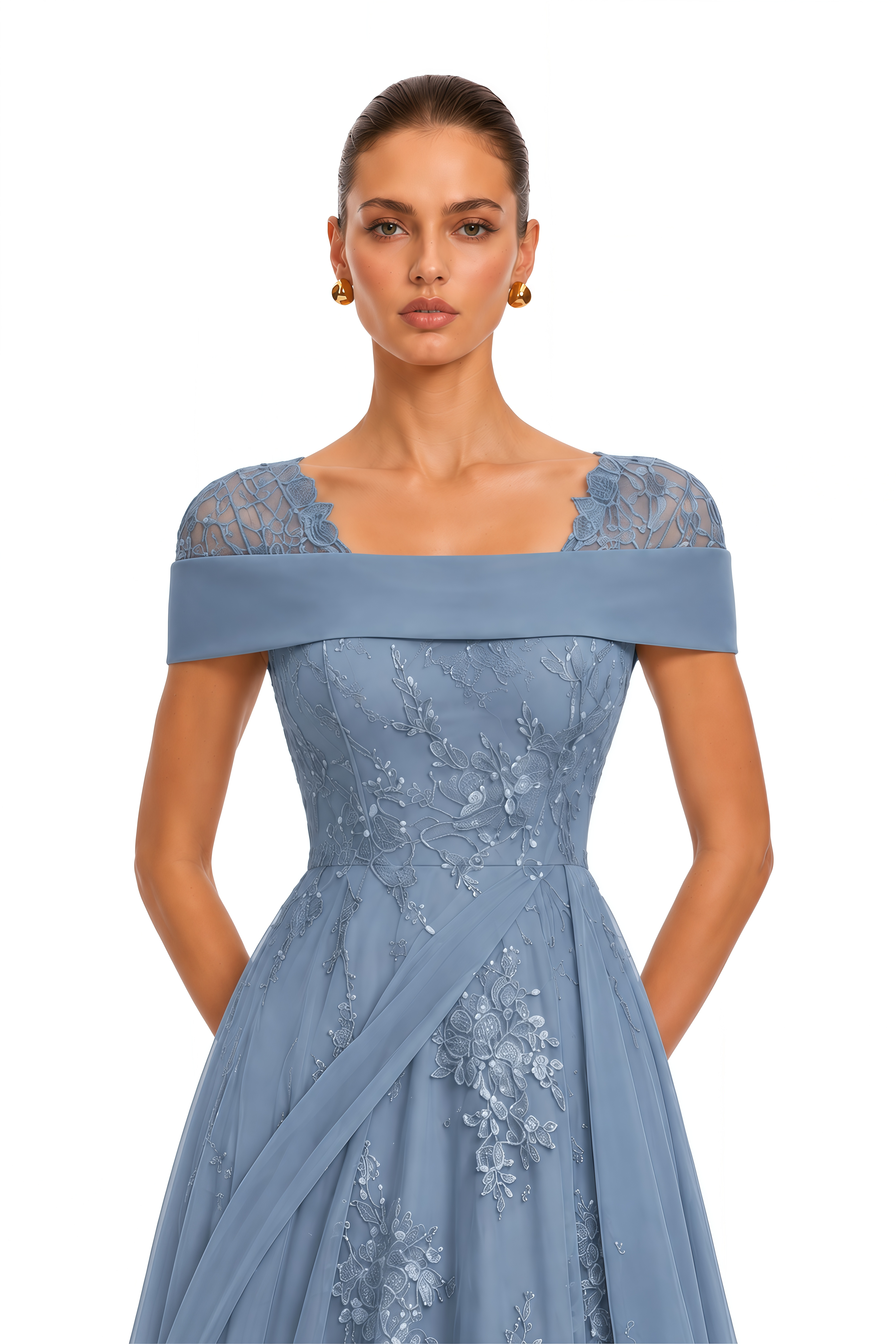 Lisette Dusty Blue Off Shoulder Floral Embroidered Maxi Gown