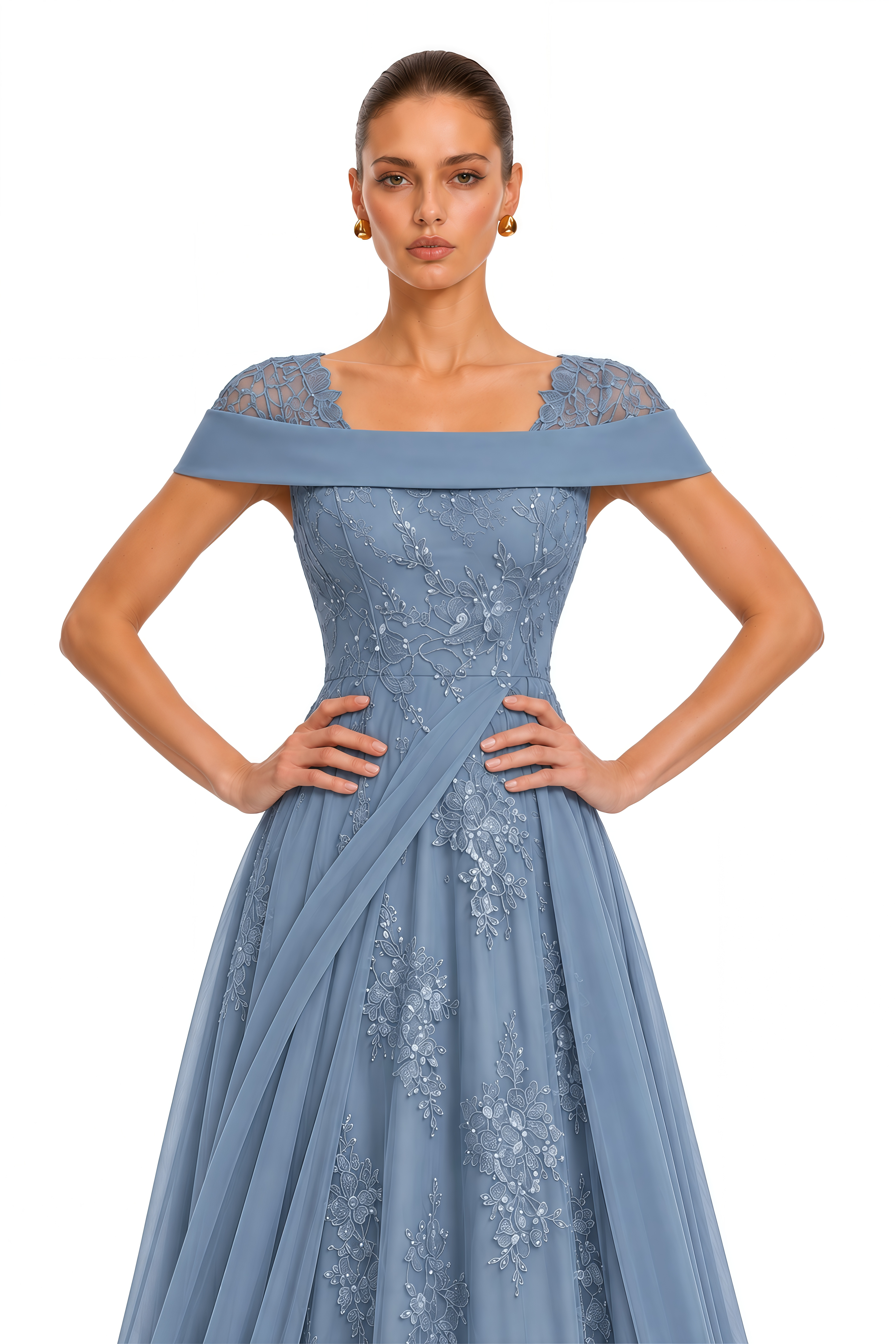 Lisette Dusty Blue Off Shoulder Floral Embroidered Maxi Gown