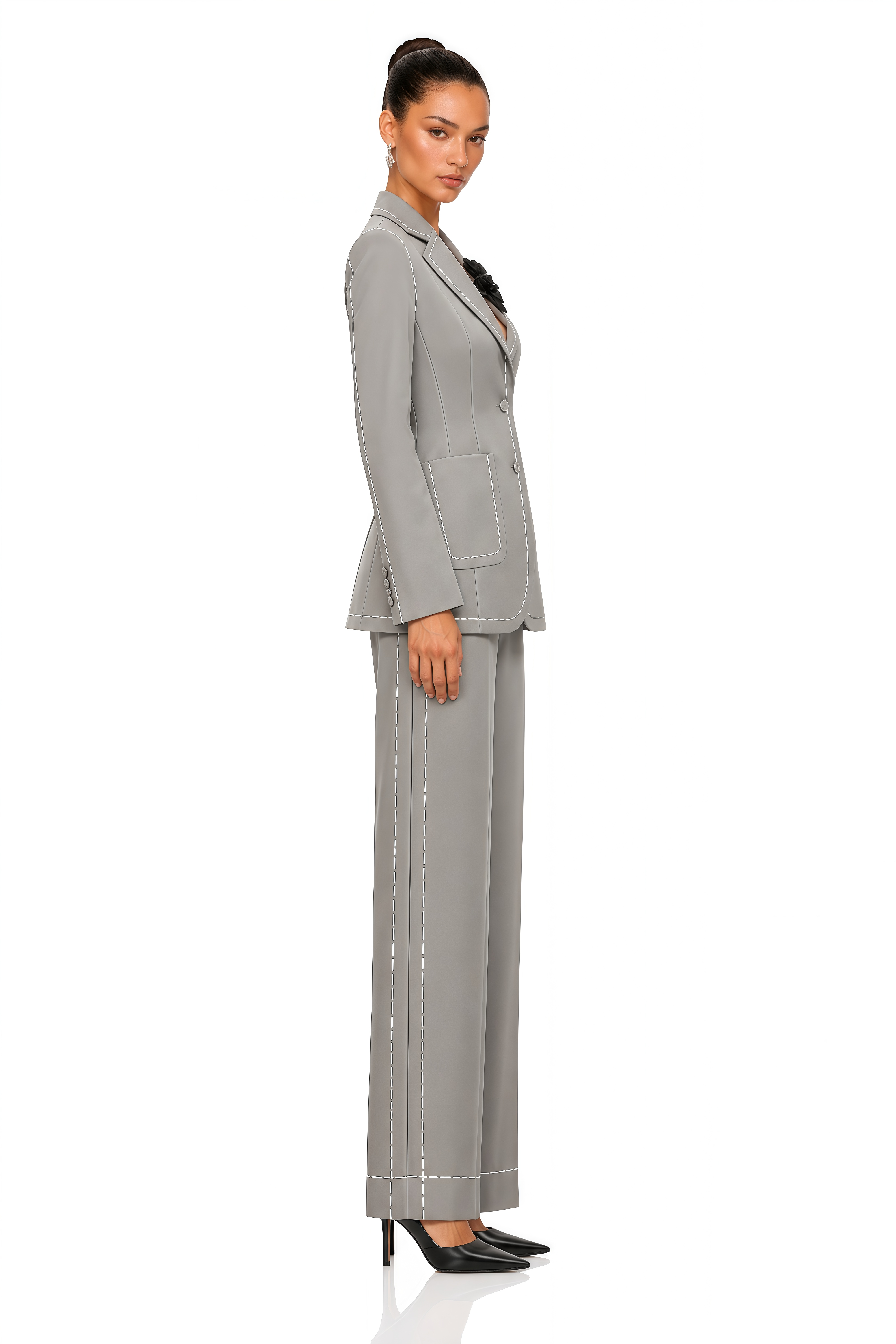 Liva Grey Contrast Stitch Tailored Blazer & Trousers Set