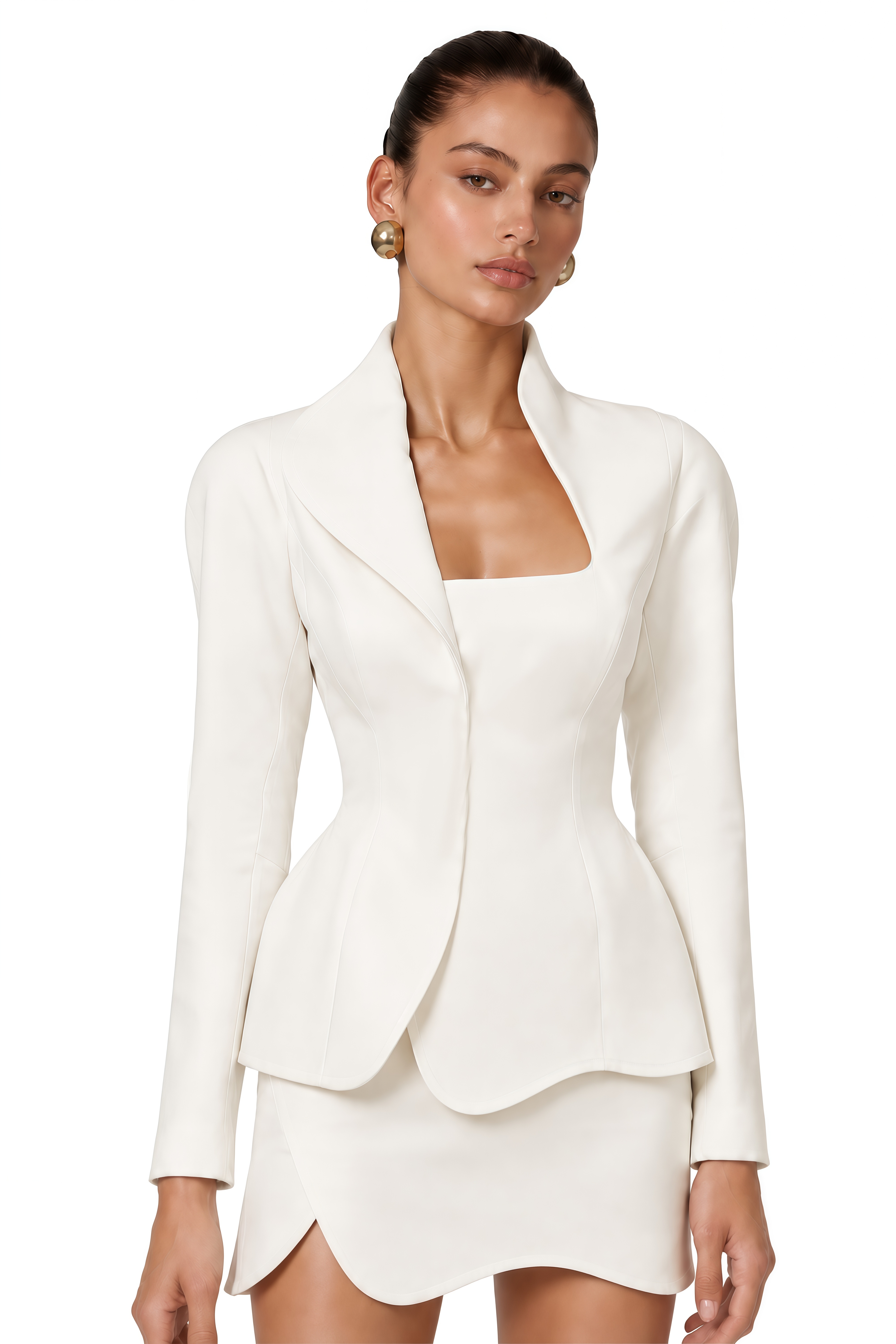 Maeve White Structured Blazer & Asymmetrical Mini Skirt Set