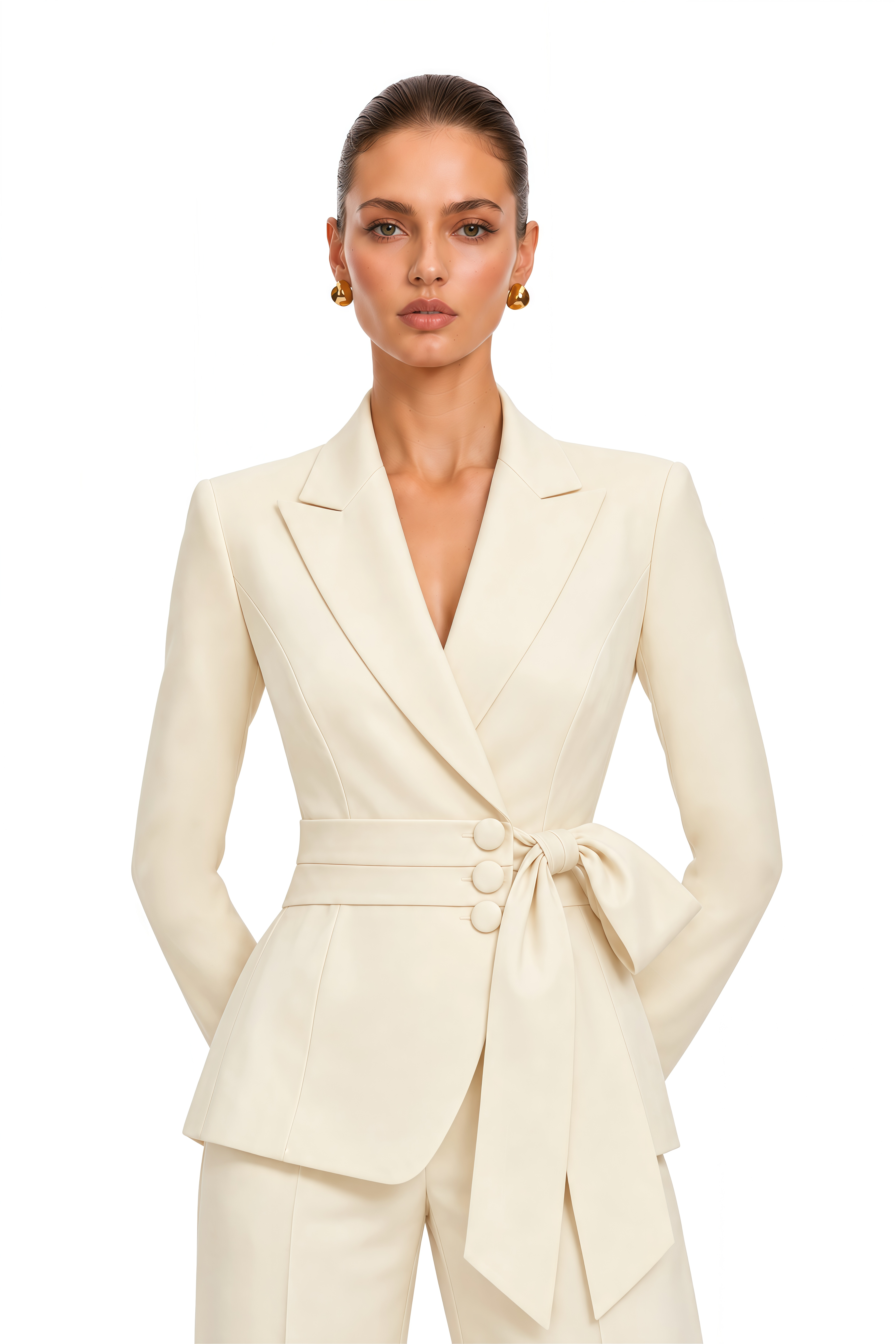 Marielle Cream Bow Waist Blazer & Straight Leg Trousers Set