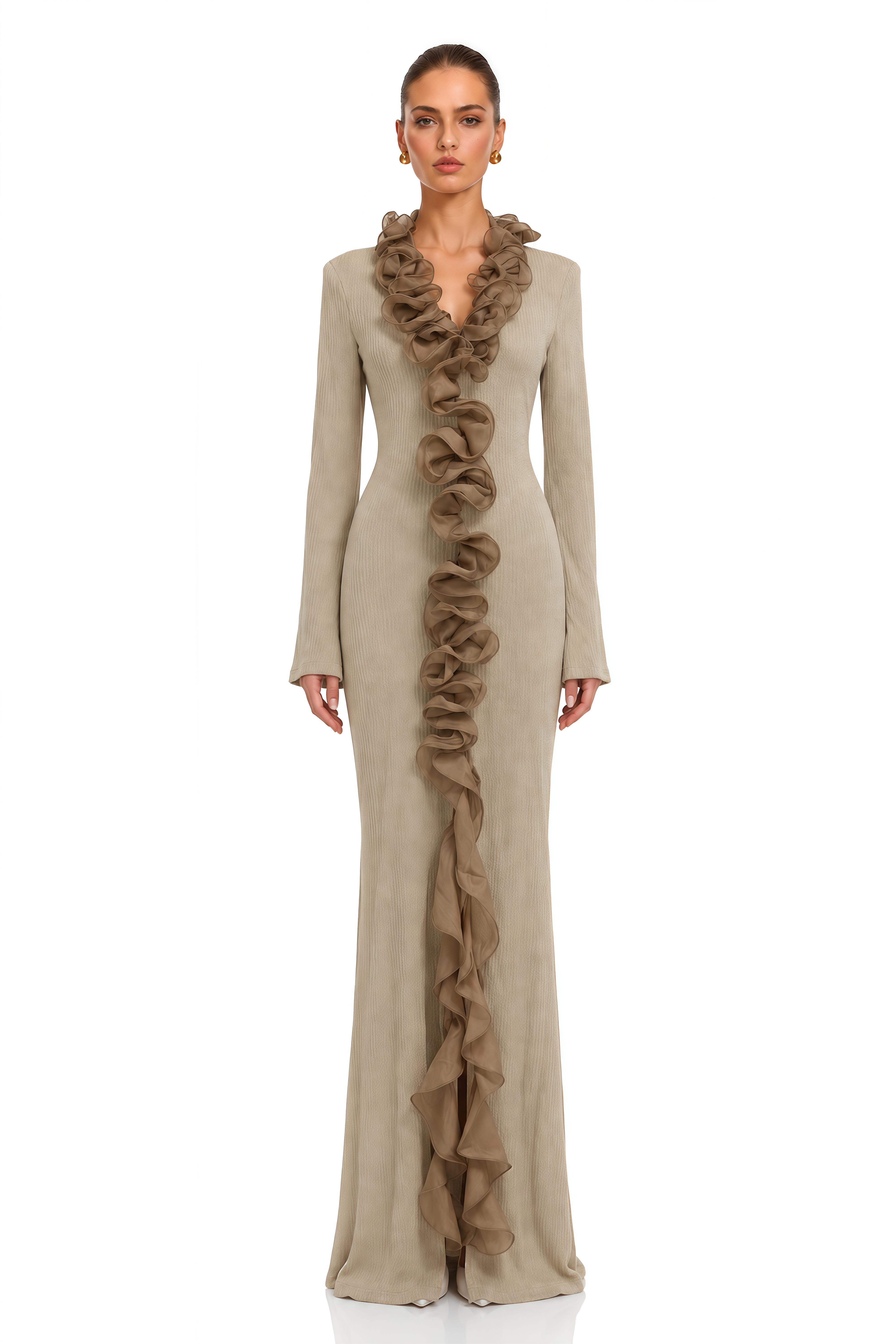 Maritza Khaki Ruffle Trim Long Sleeve Maxi Dress