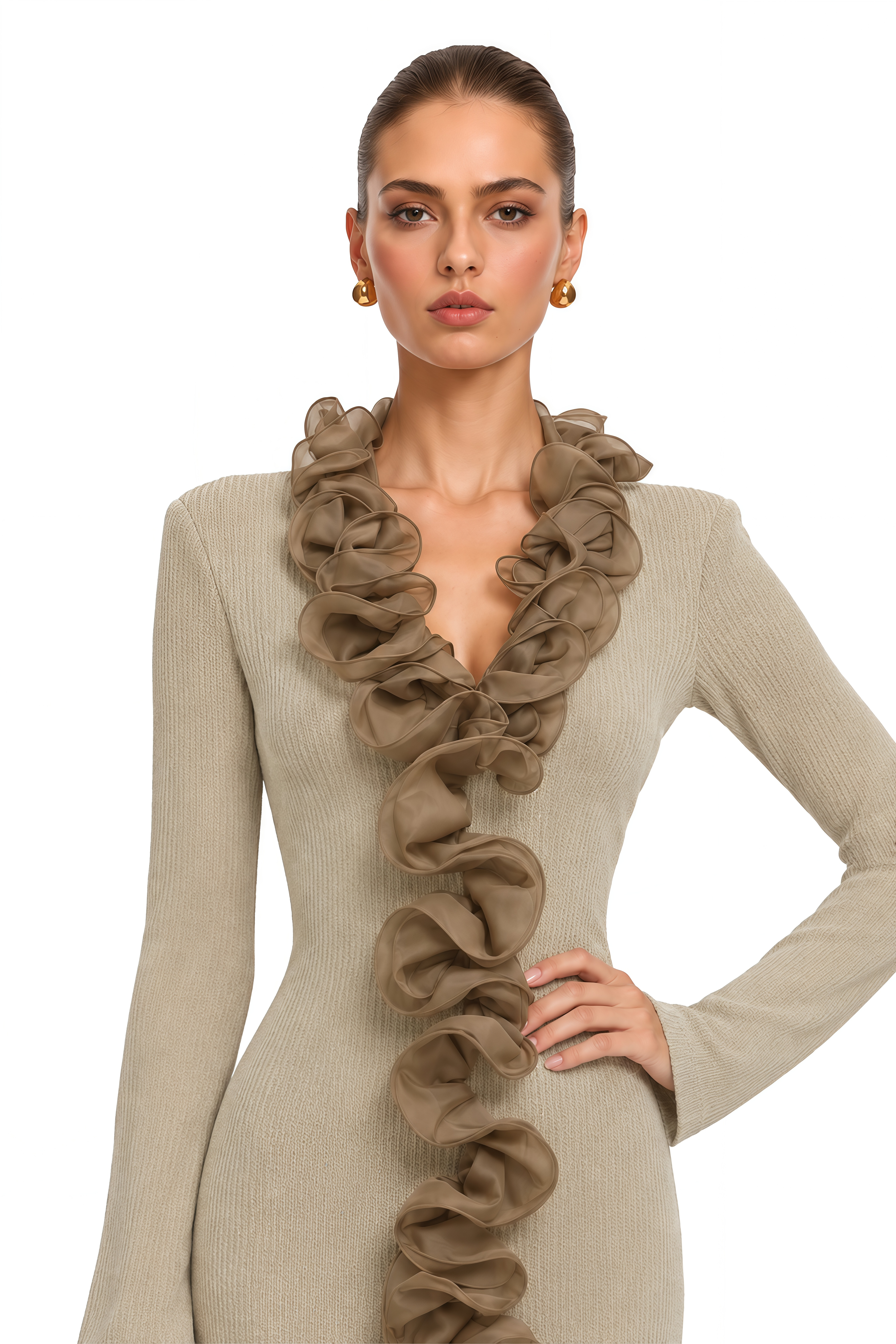Maritza Khaki Ruffle Trim Long Sleeve Maxi Dress