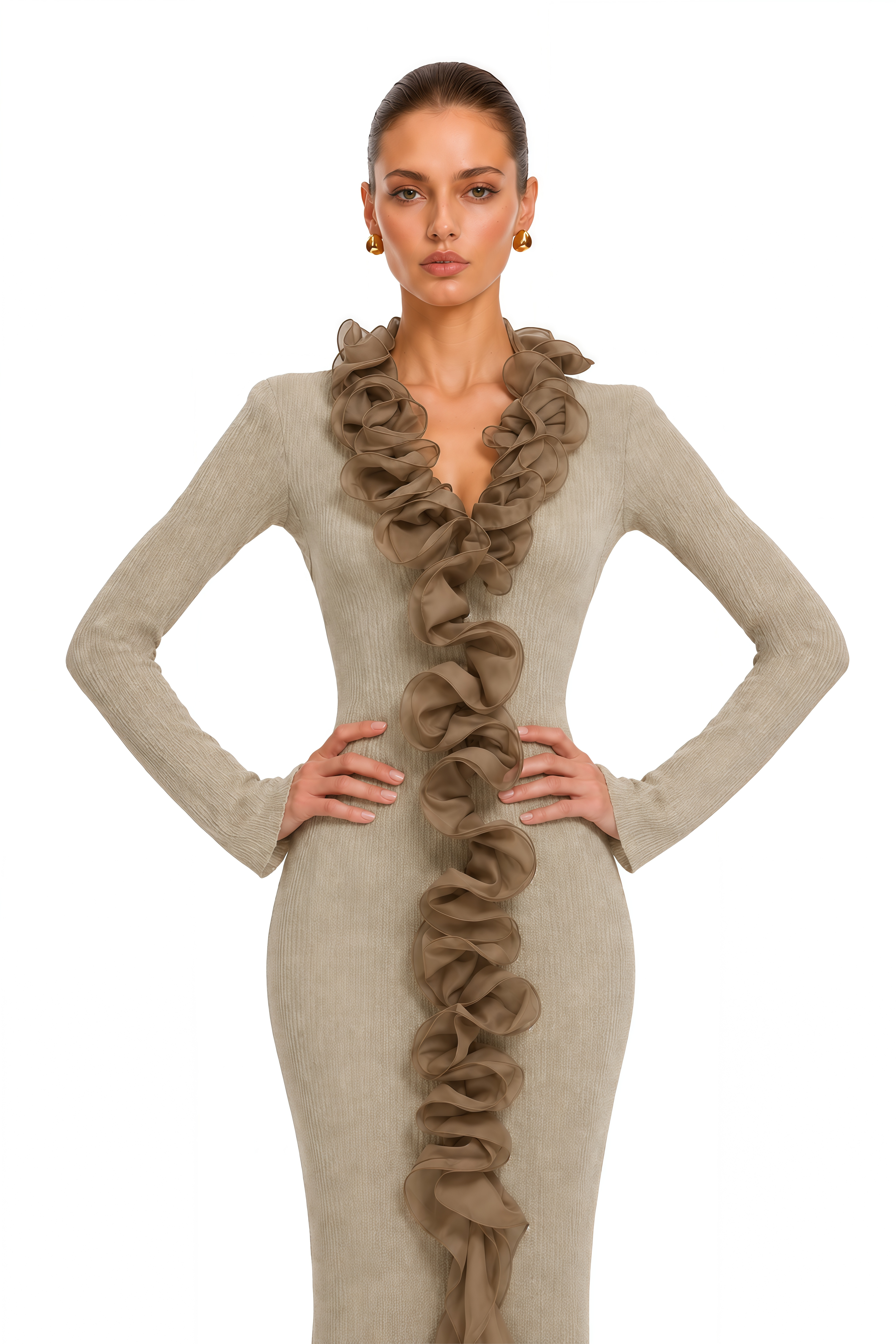 Maritza Khaki Ruffle Trim Long Sleeve Maxi Dress