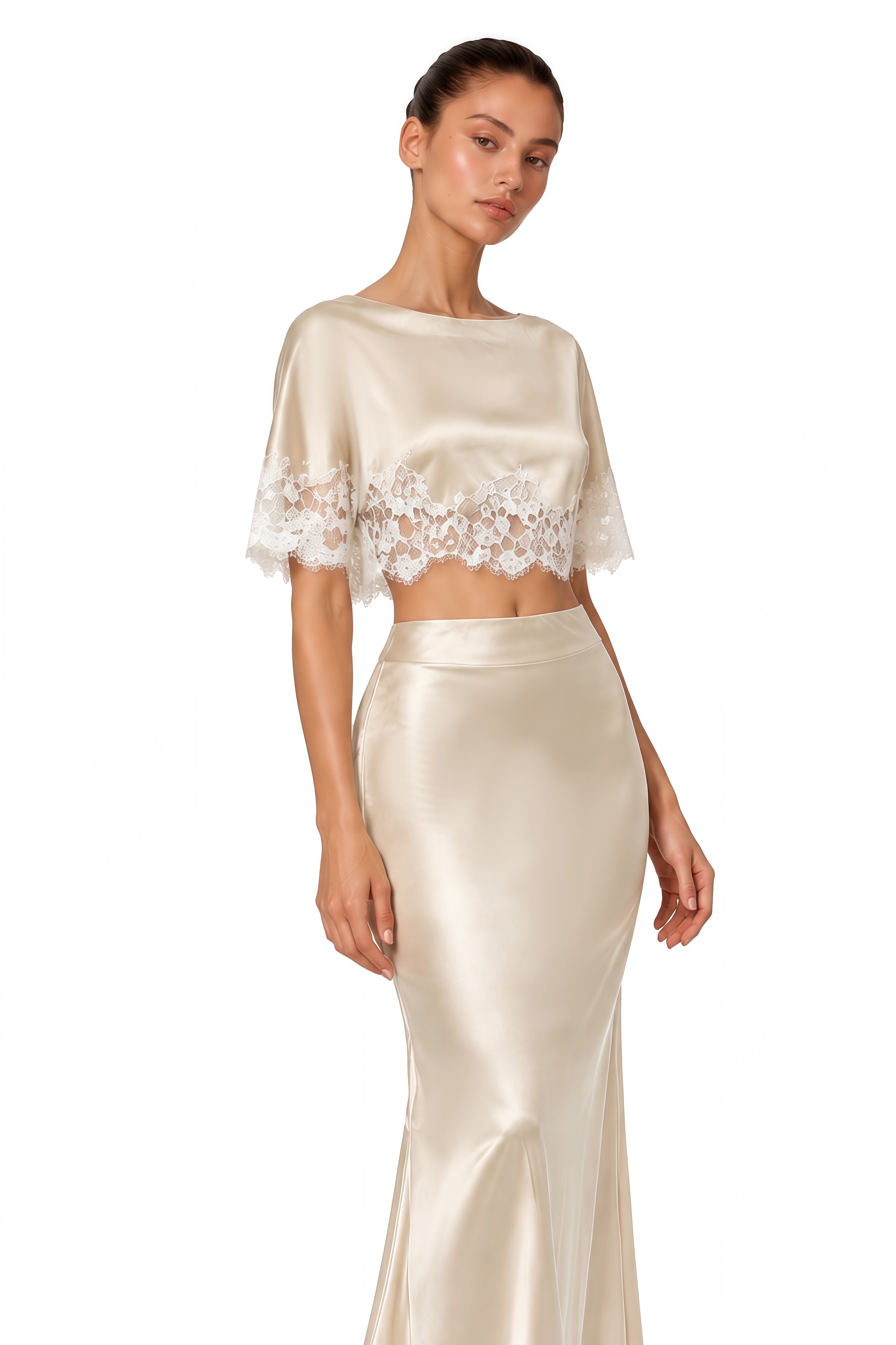 Matilda Champagne Lace Trim Satin Top & Maxi Skirt Set