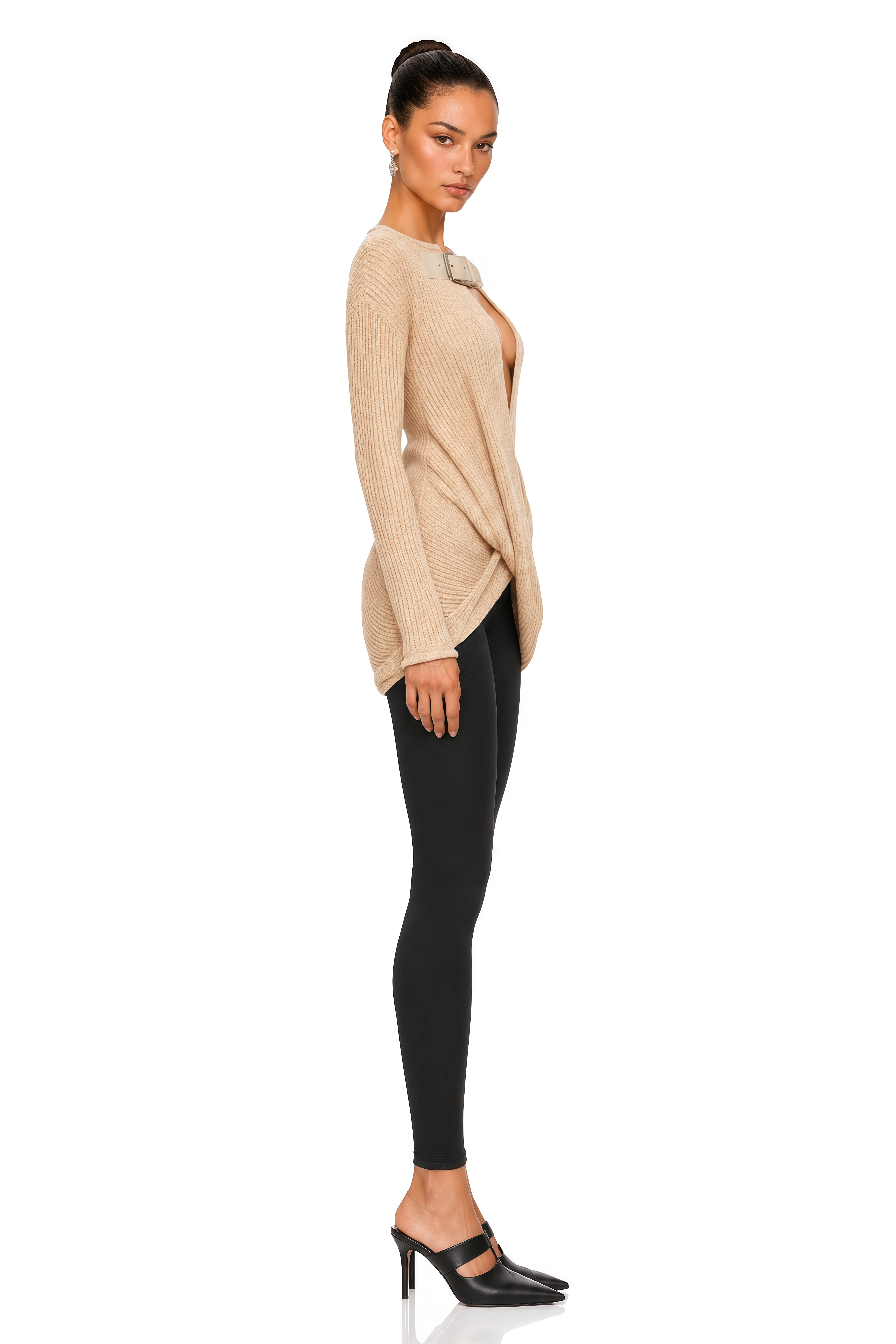 Melisandre Beige Buckled Cut-Out Ribbed Knit Top