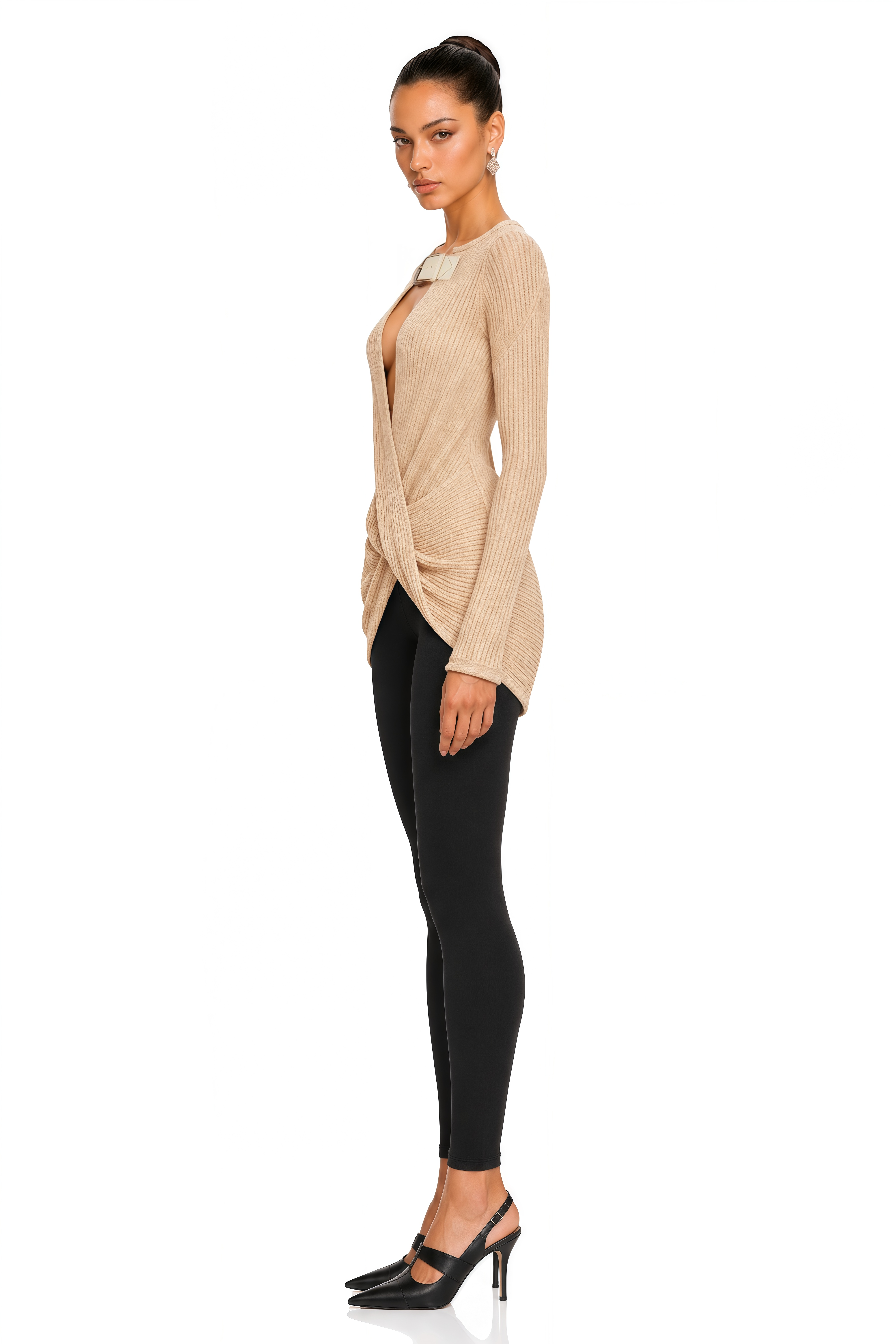 Melisandre Beige Buckled Cut-Out Ribbed Knit Top