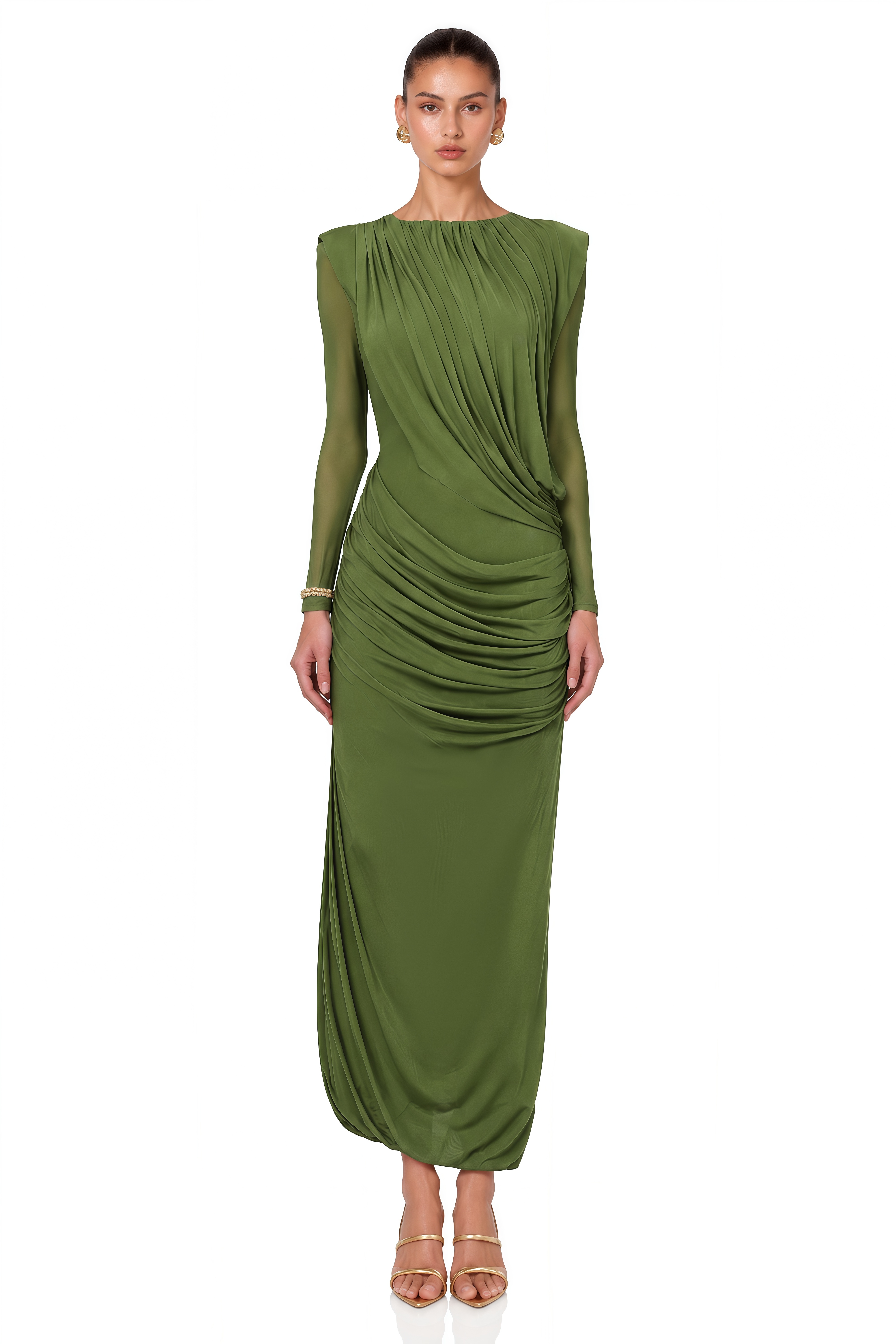Milania Olive Green Ruched Draped Long Sleeve Maxi Dress