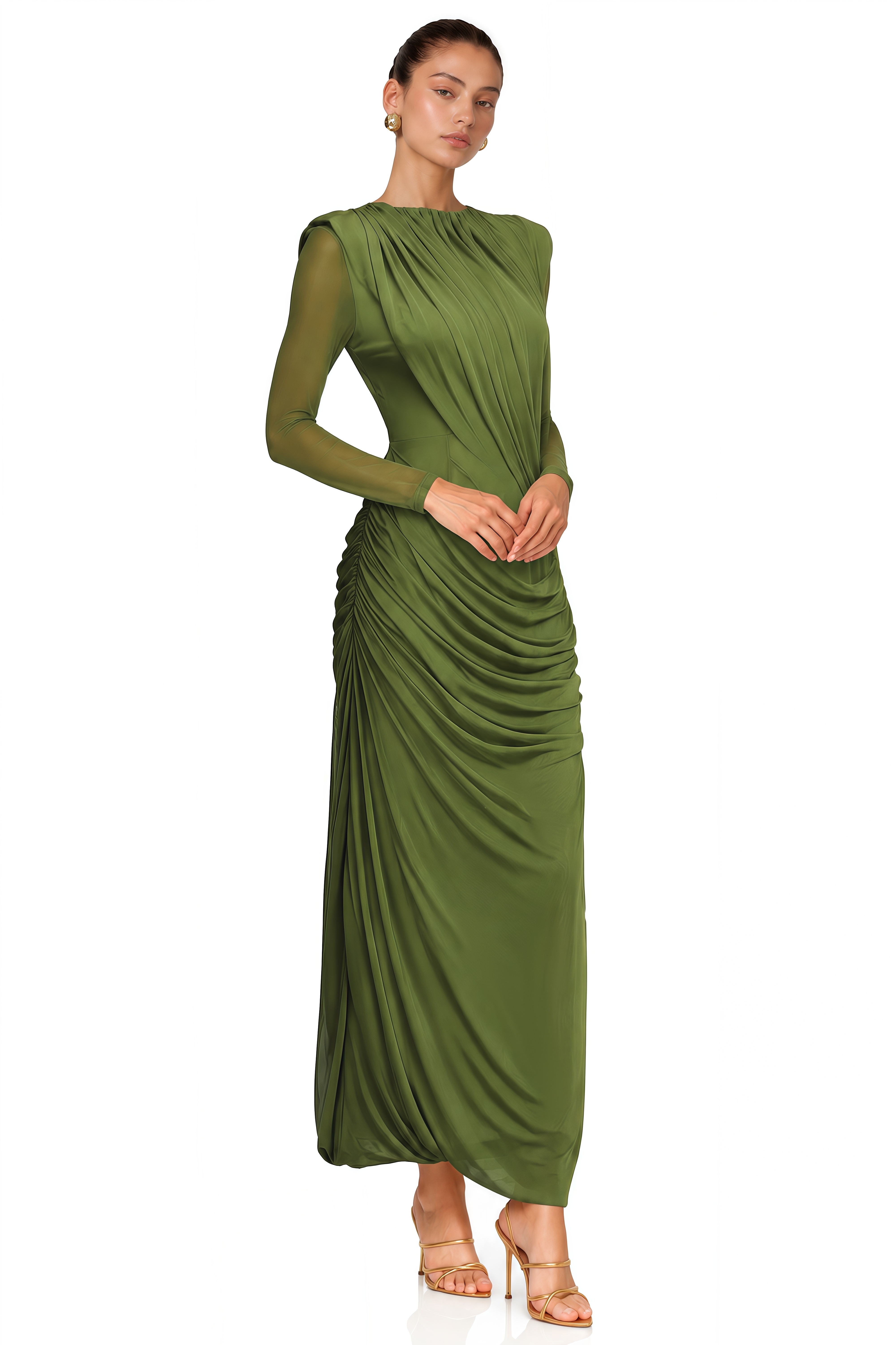 Milania Olive Green Ruched Draped Long Sleeve Maxi Dress