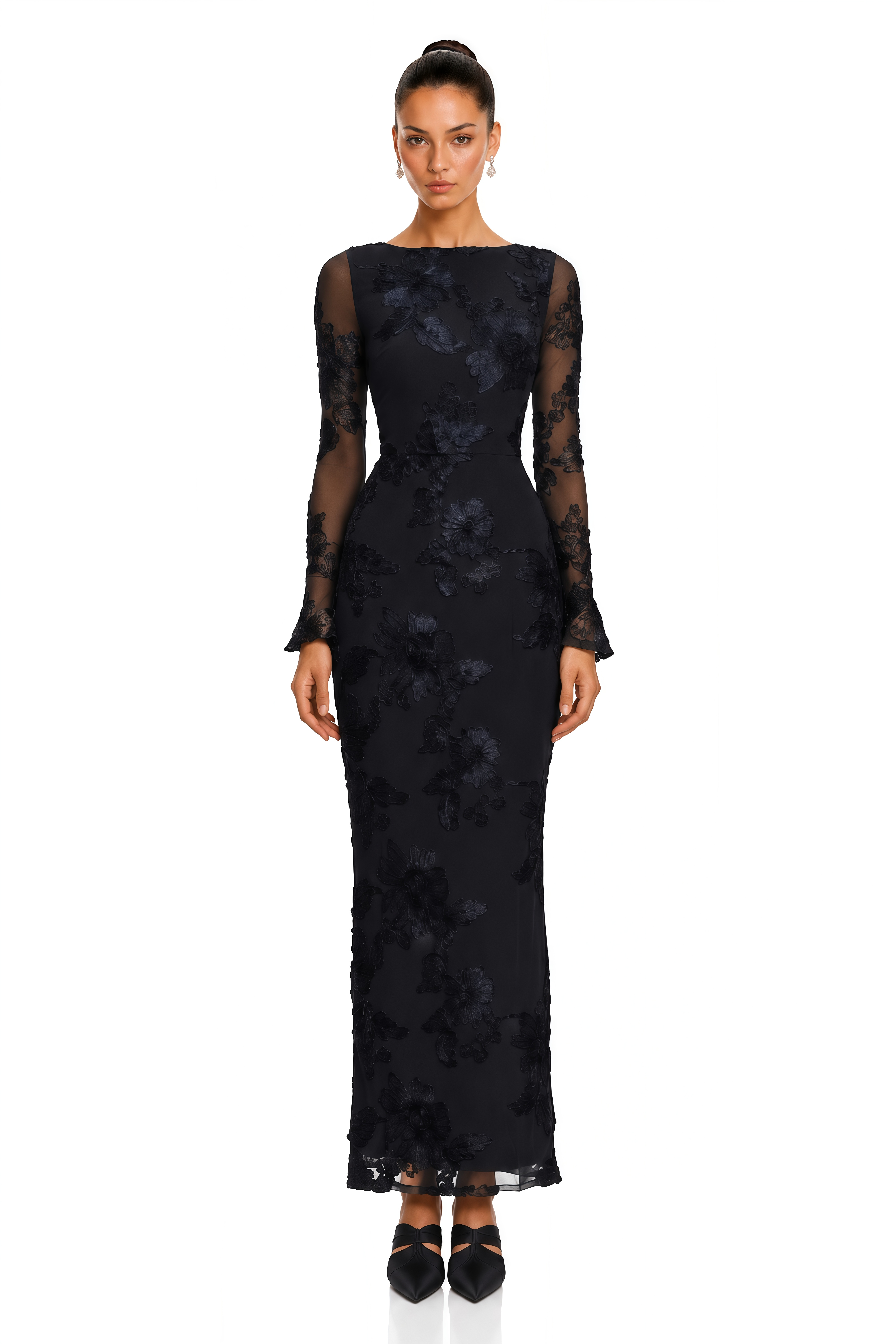 Mireya Black Floral Embroidered Maxi Dress