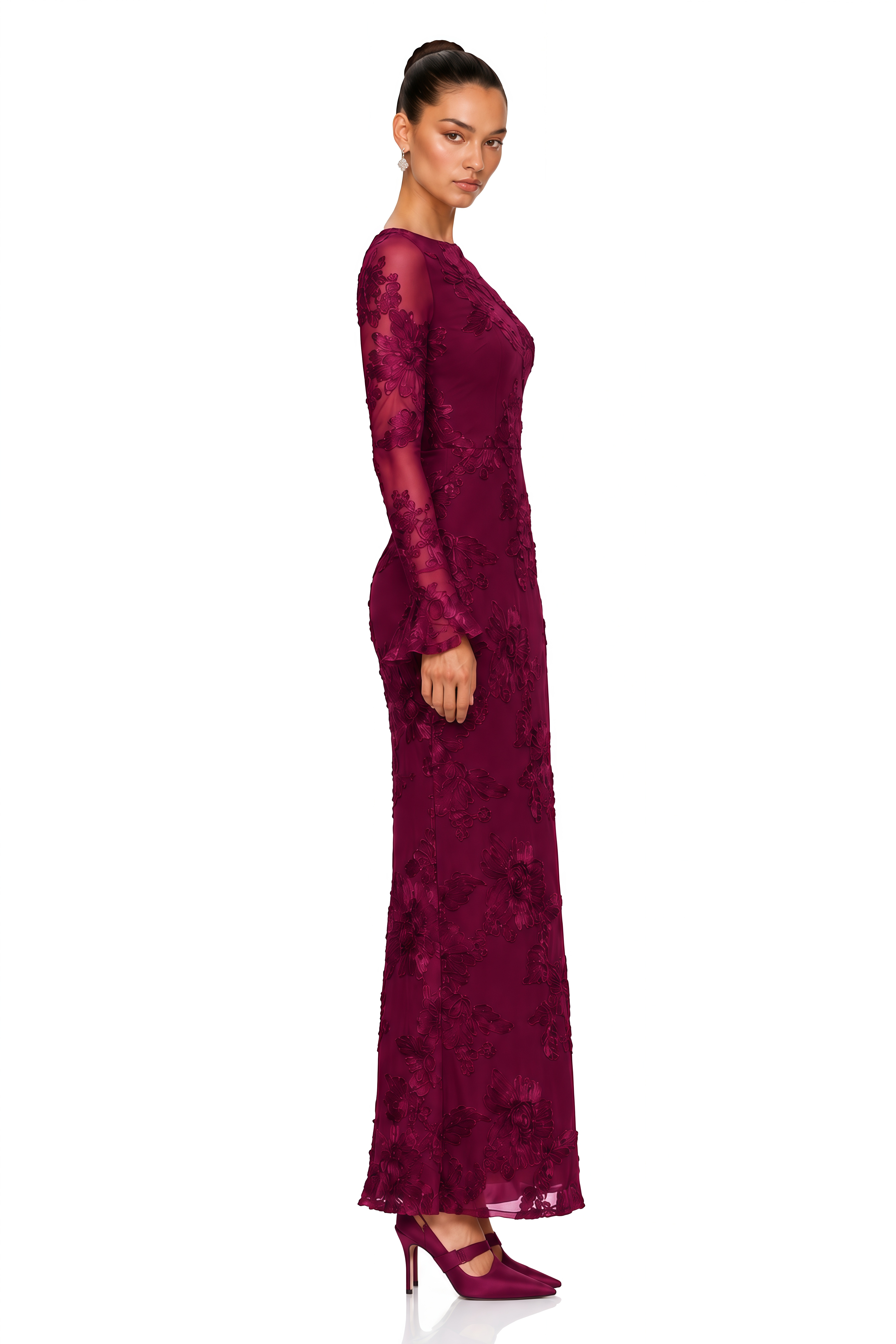 Mireya Burgundy Floral Embroidered Maxi Dress