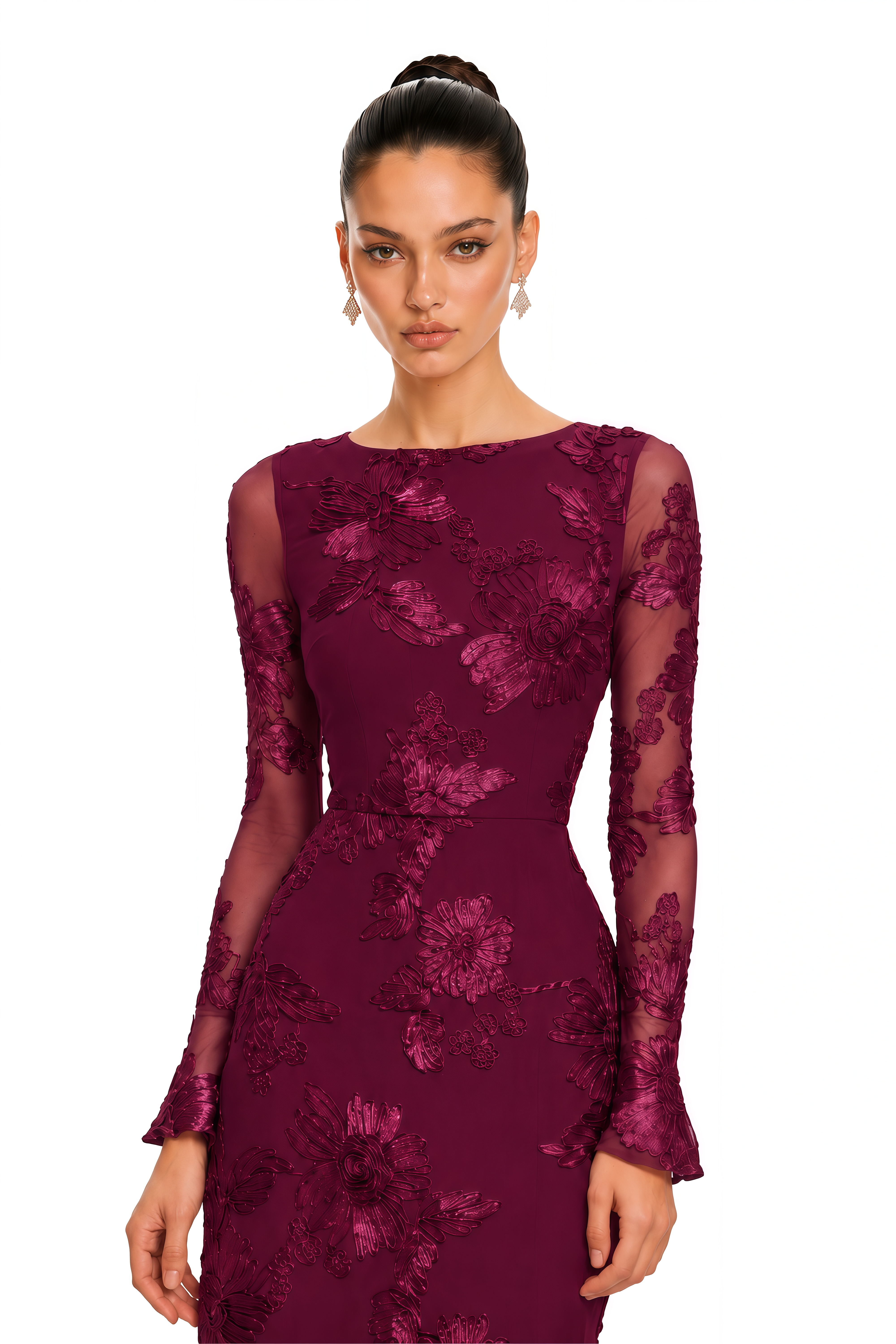 Mireya Burgundy Floral Embroidered Maxi Dress