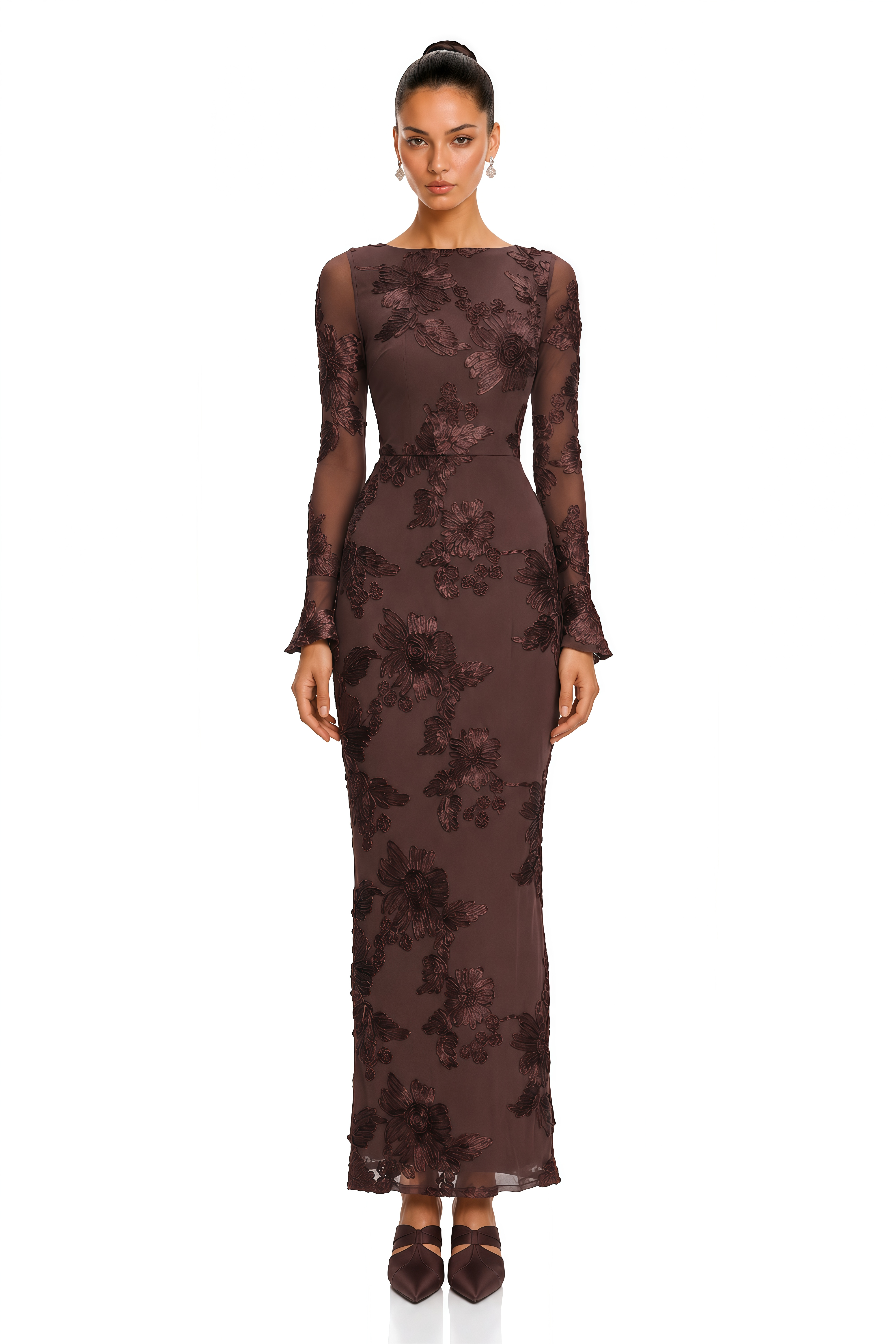 Mireya Brown Floral Embroidered Maxi Dress