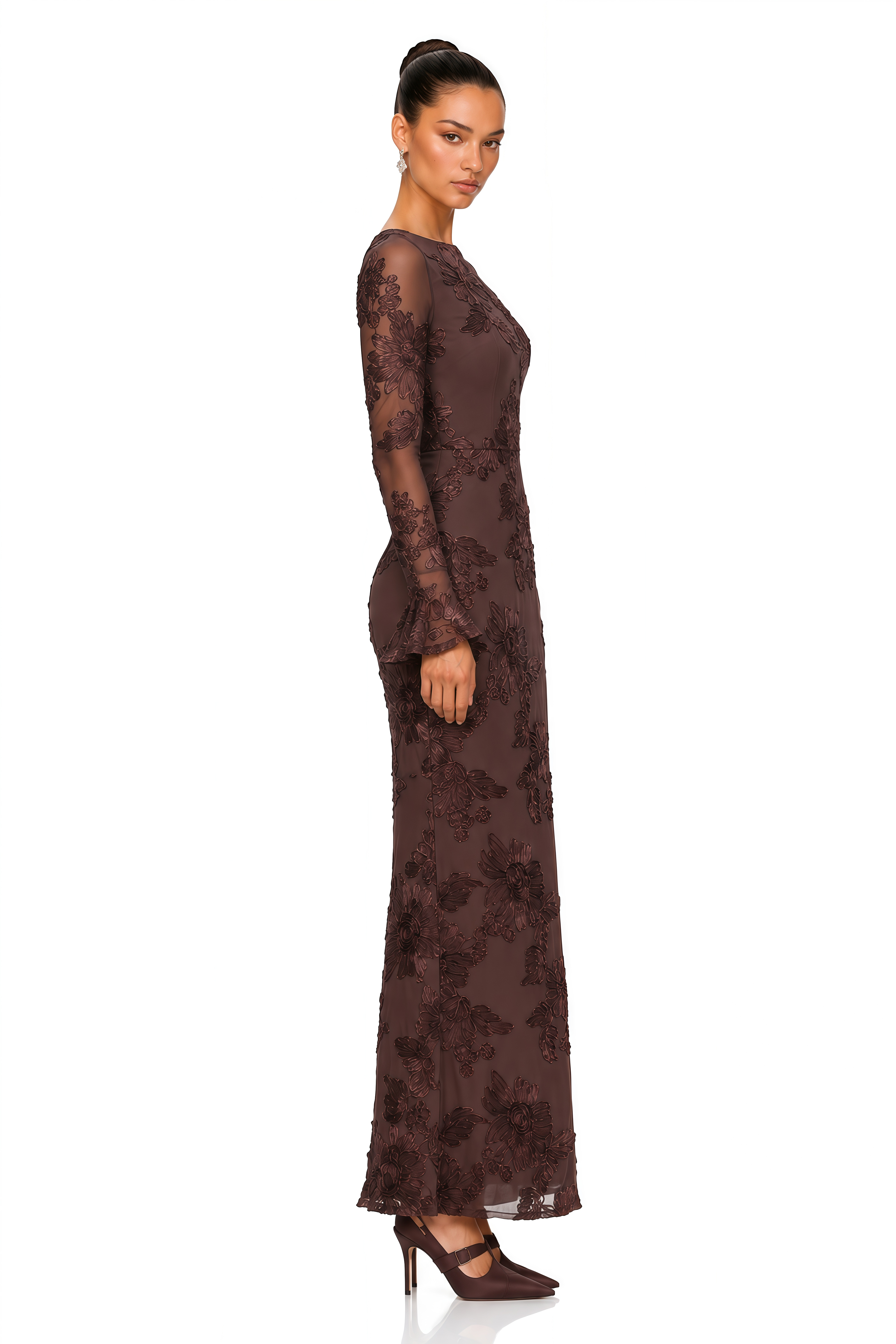 Mireya Brown Floral Embroidered Maxi Dress