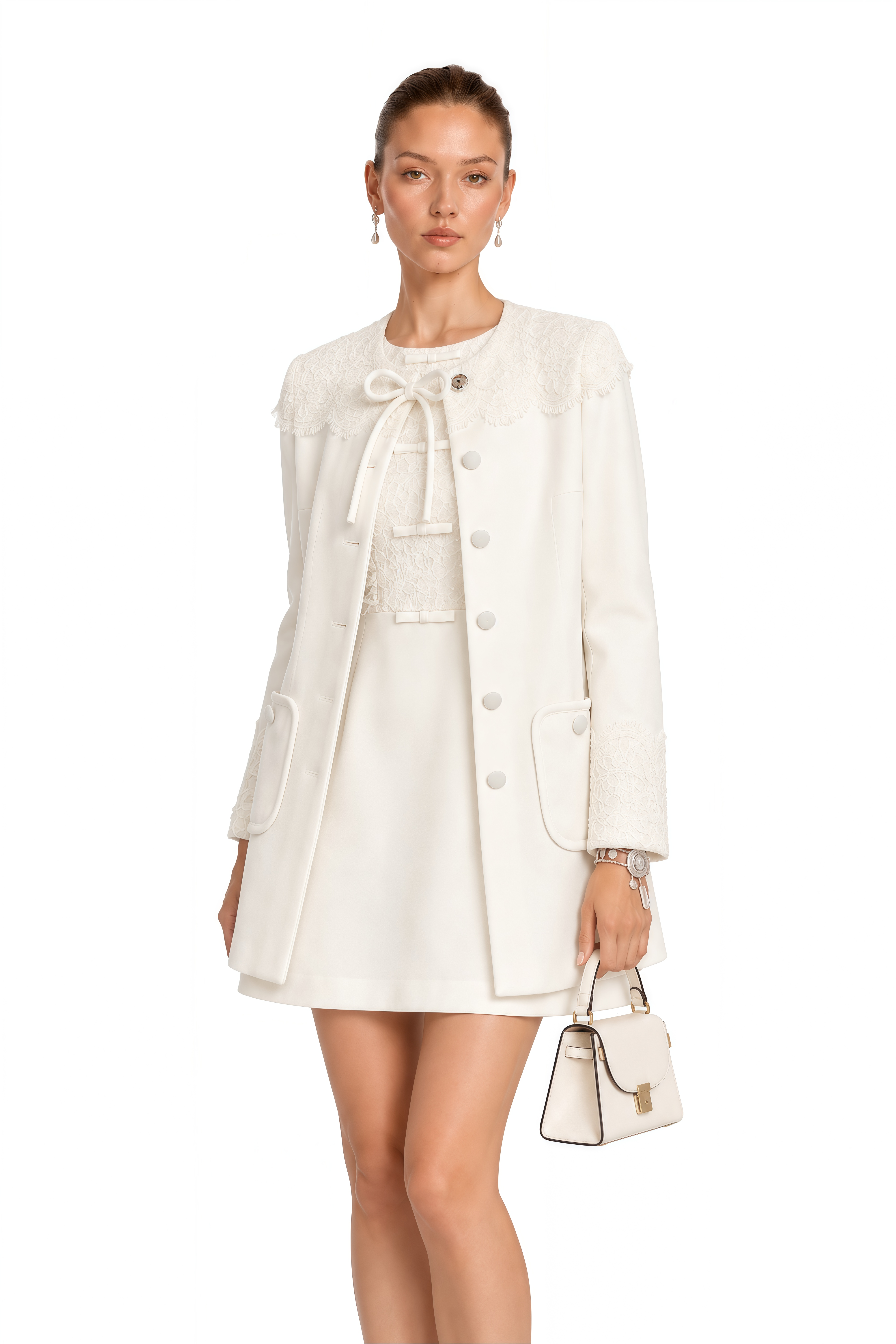 Niyyah Ivory Bow Detail Jacket & Lace Mini Dress Set