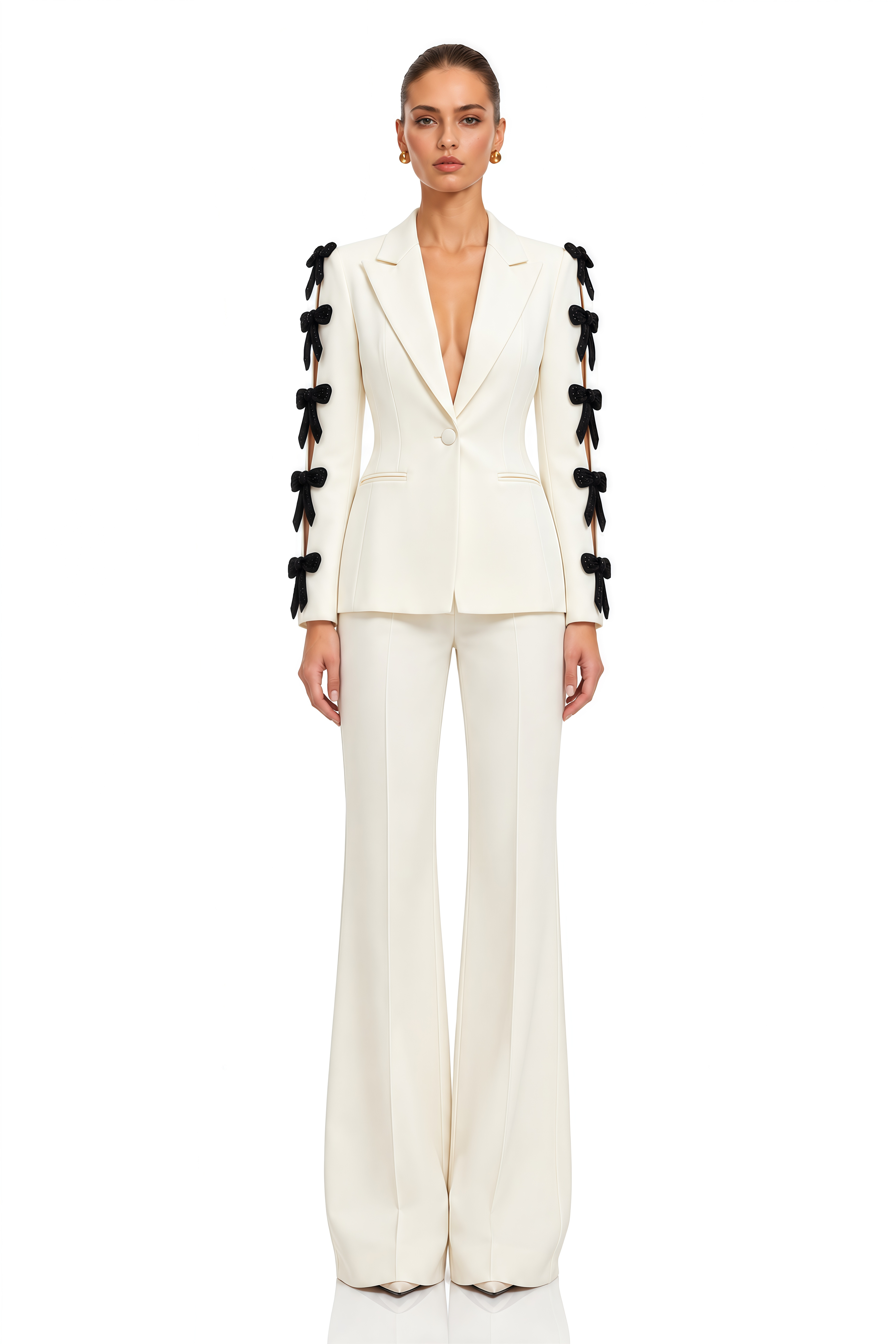 Norah Ivory Contrast Bow Blazer & Flared Trousers Set