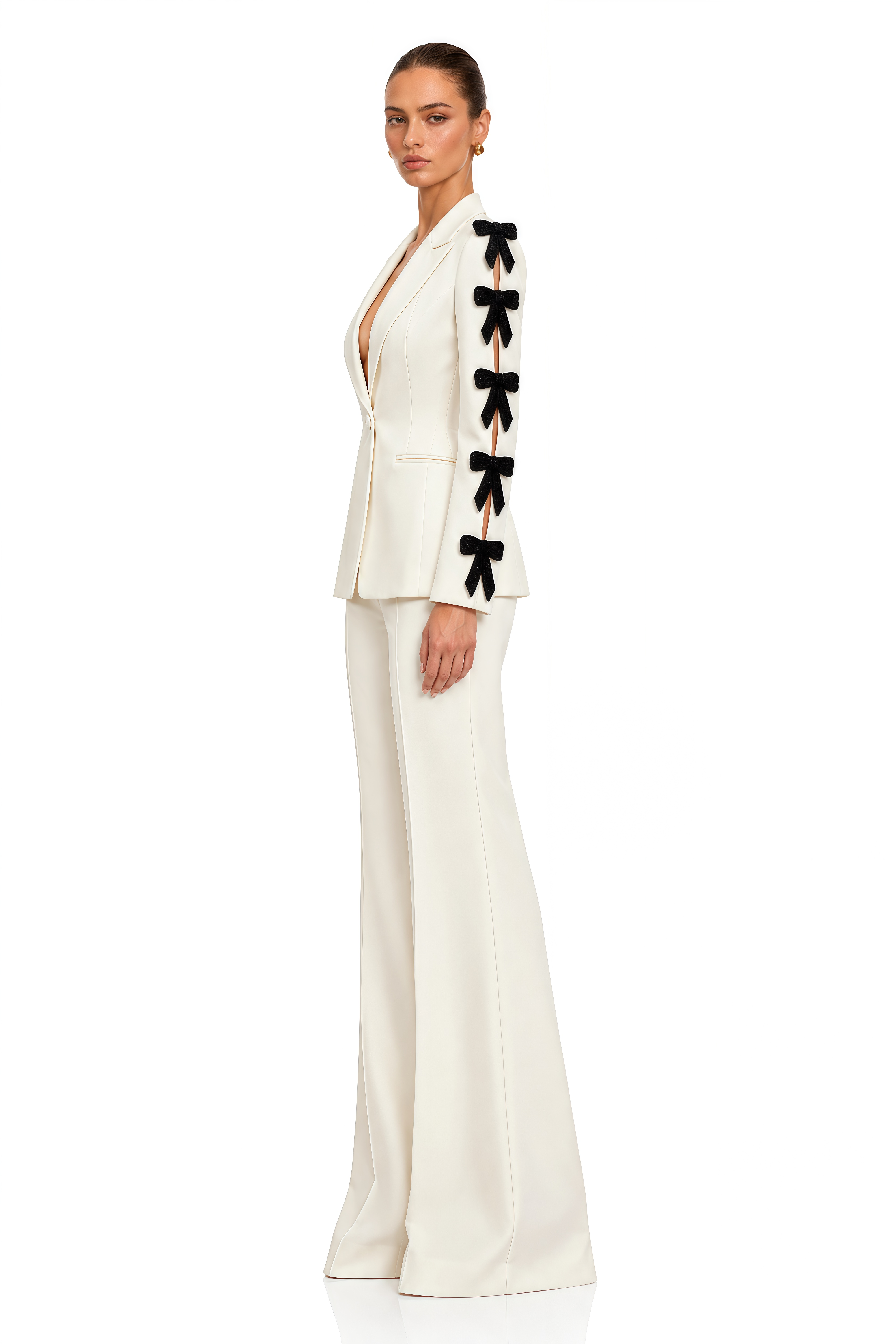 Norah Ivory Contrast Bow Blazer & Flared Trousers Set