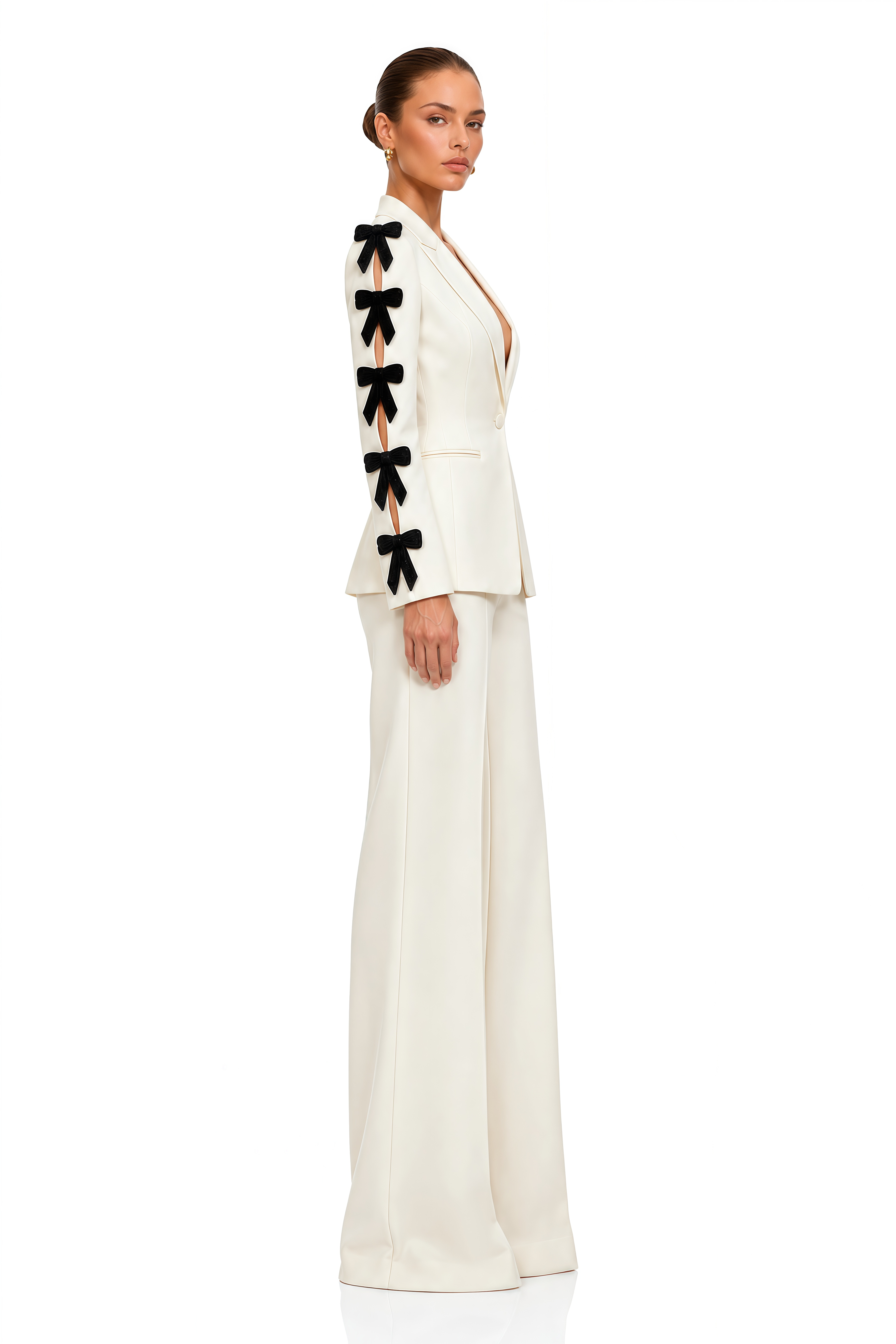 Norah Ivory Contrast Bow Blazer & Flared Trousers Set