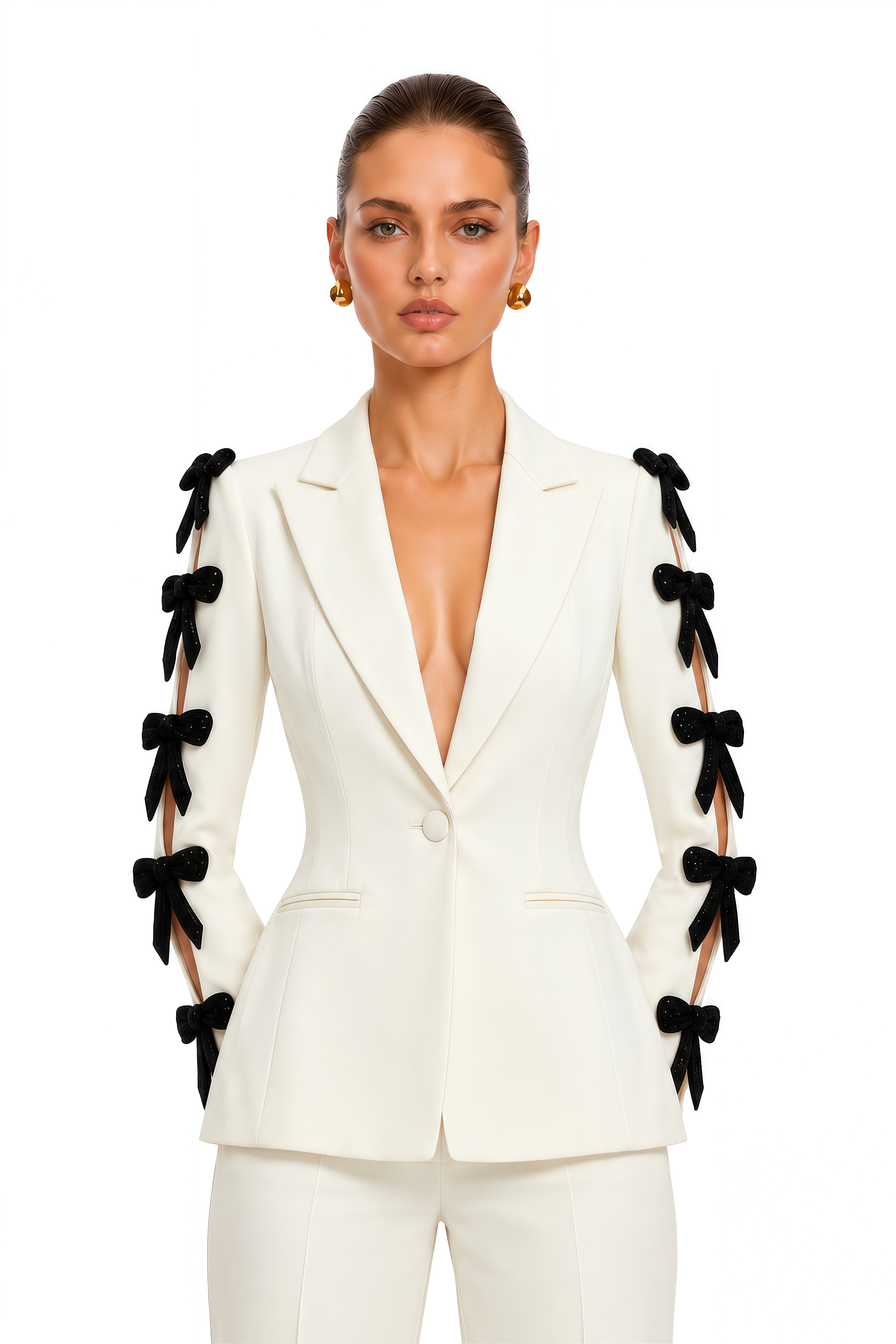 Norah Ivory Contrast Bow Blazer & Flared Trousers Set