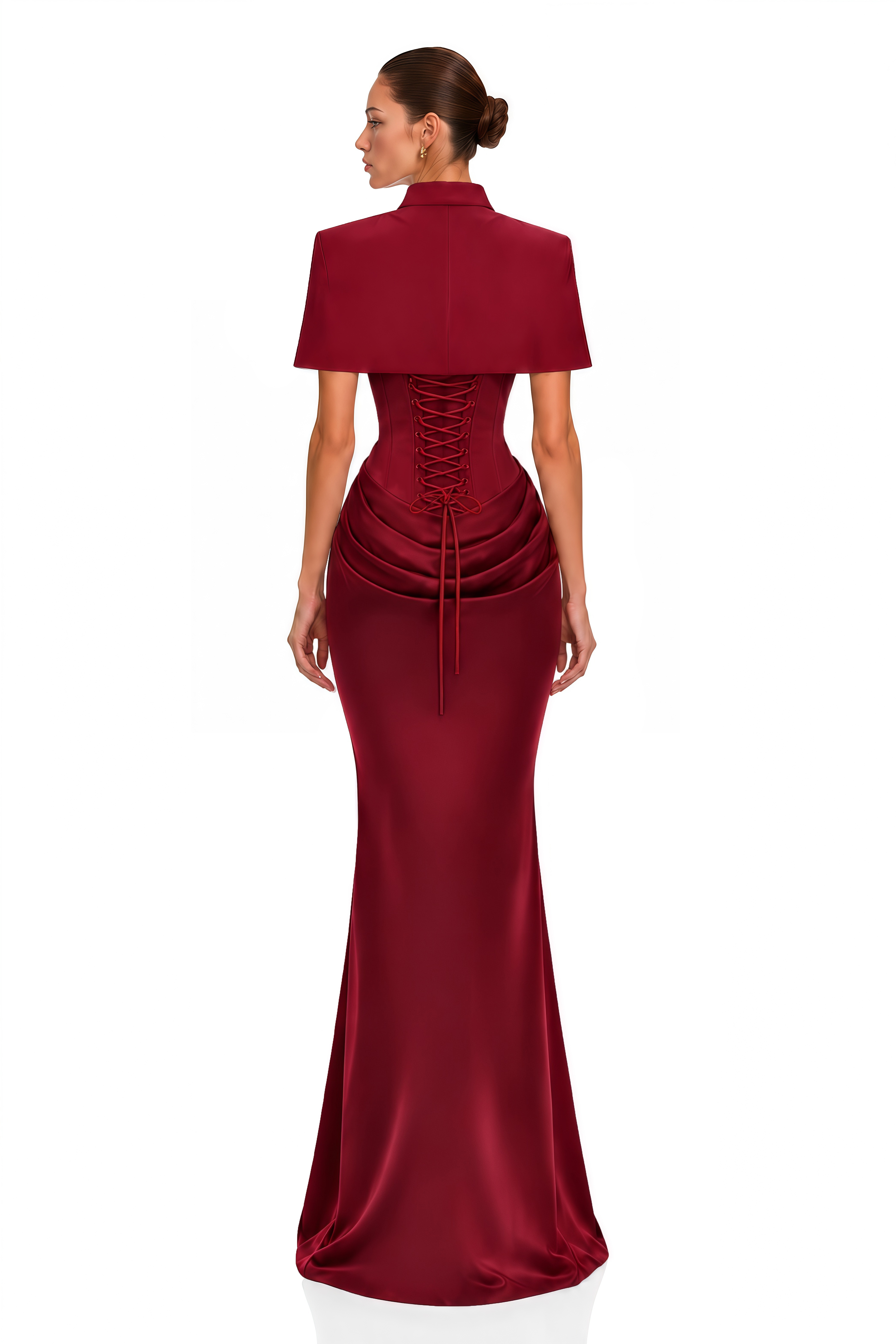 Nyla Red Corset Draped Maxi Dress with Cape