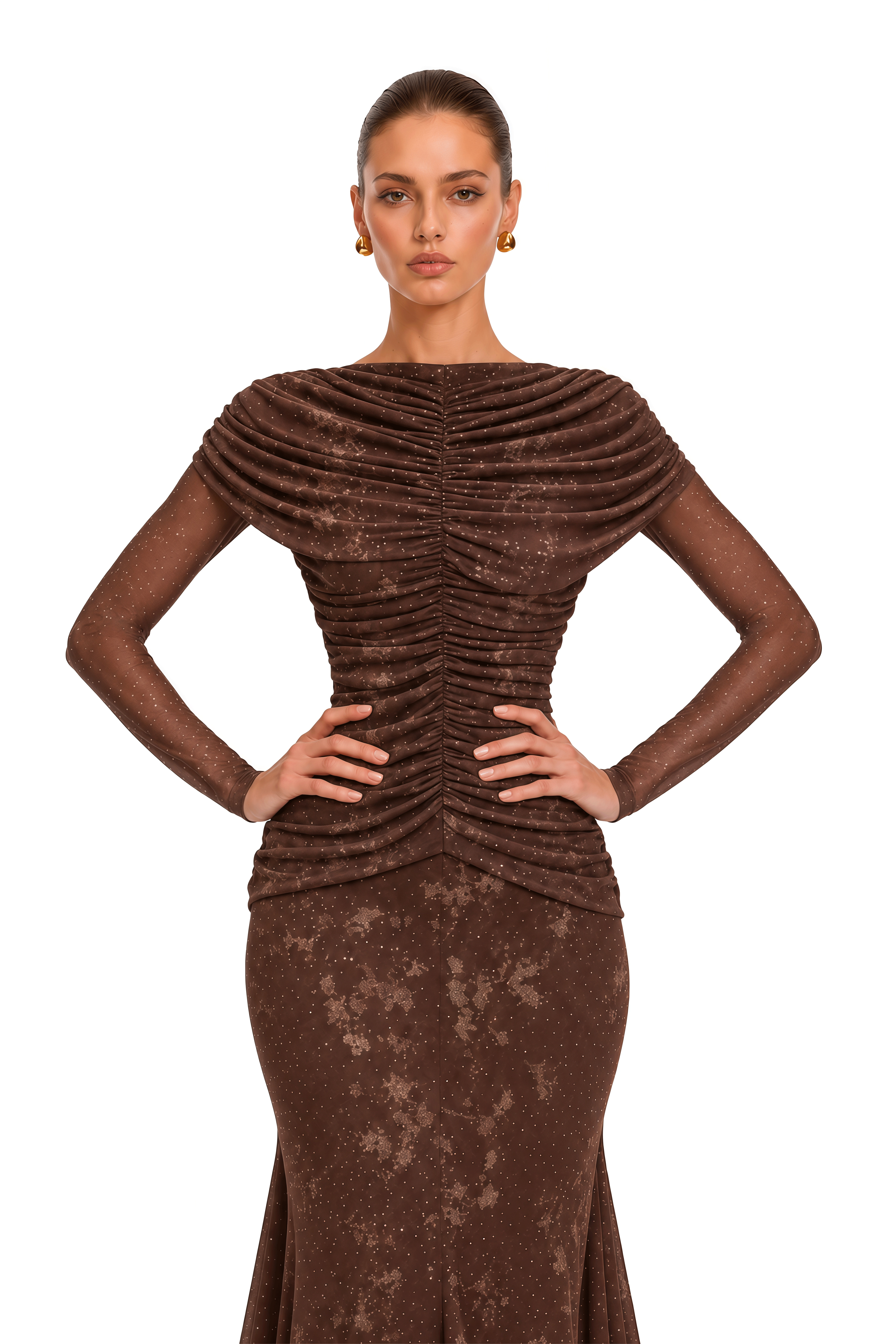 Odelia Brown Floral Print Ruched Mermaid Maxi Dress
