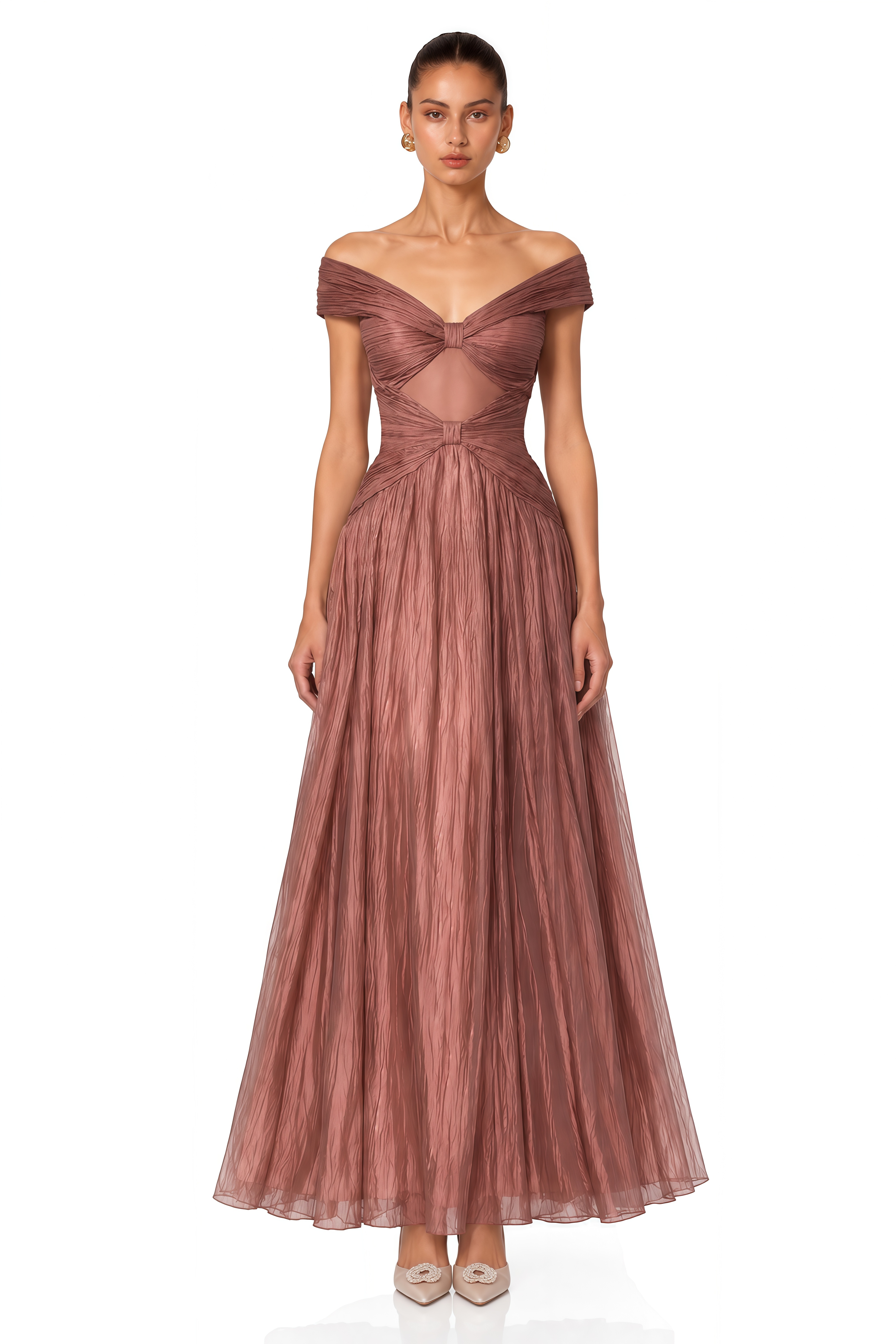 Odette Rose Brown Off-Shoulder Pleated Maxi Dress