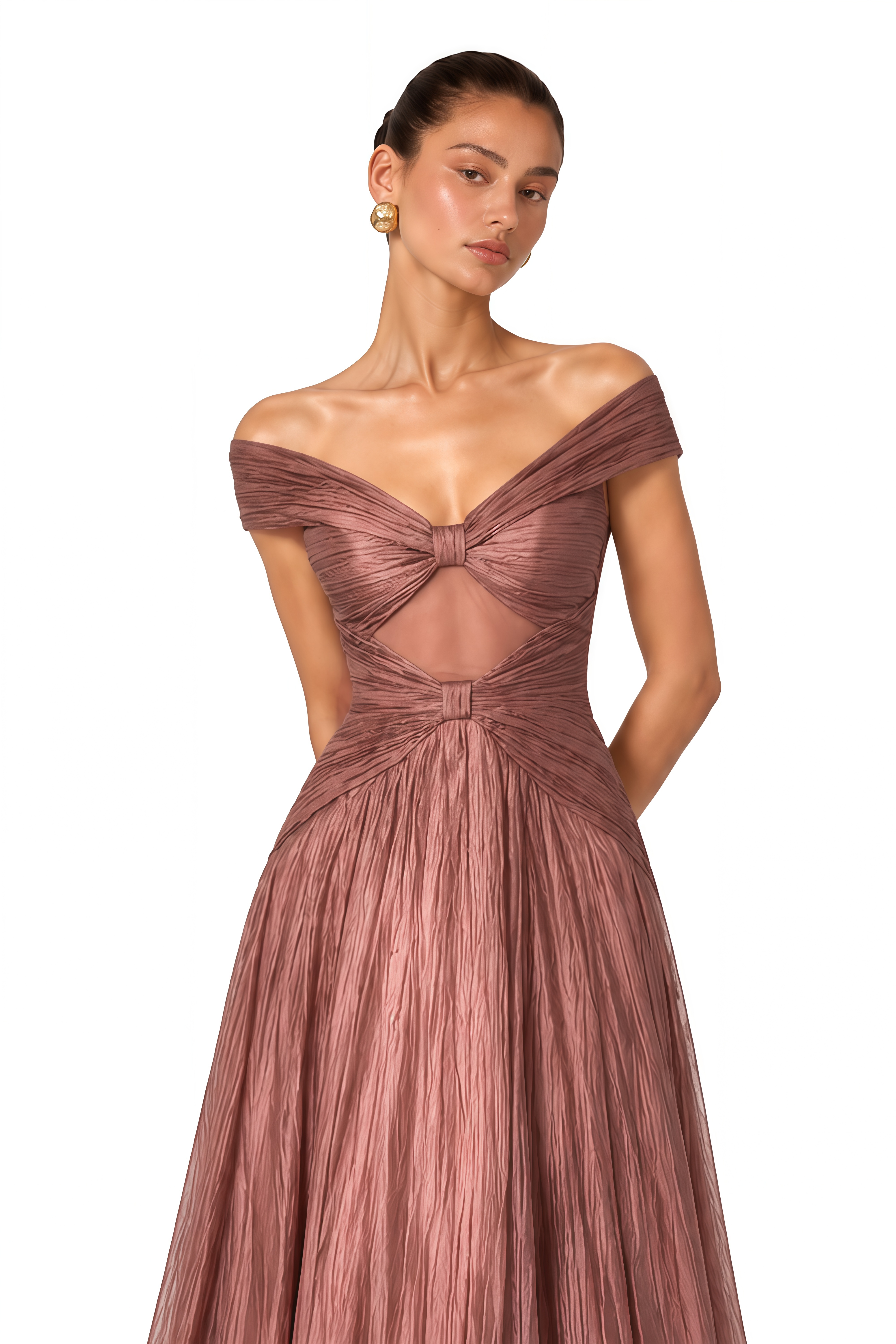 Odette Rose Brown Off-Shoulder Pleated Maxi Dress