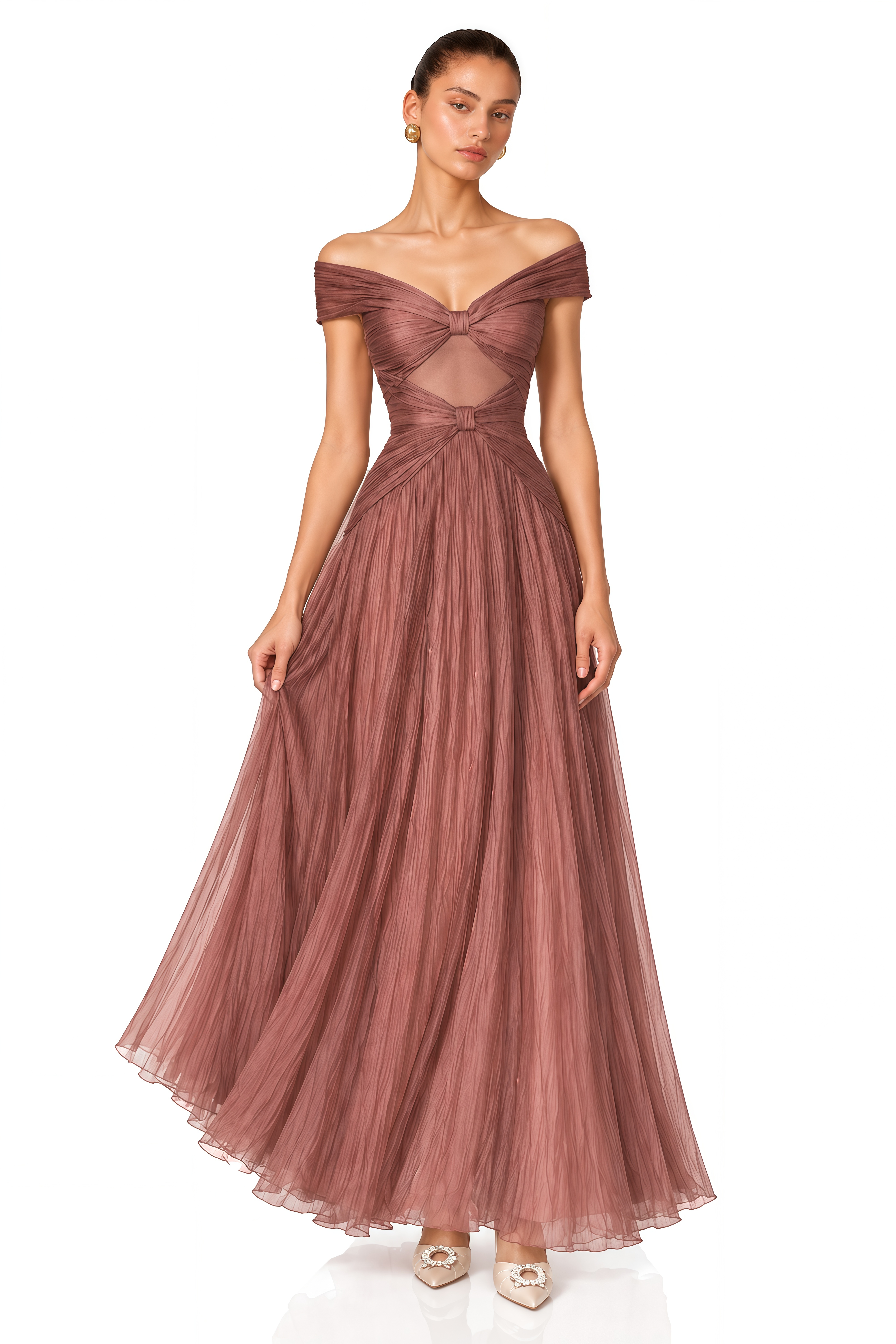 Odette Rose Brown Off-Shoulder Pleated Maxi Dress