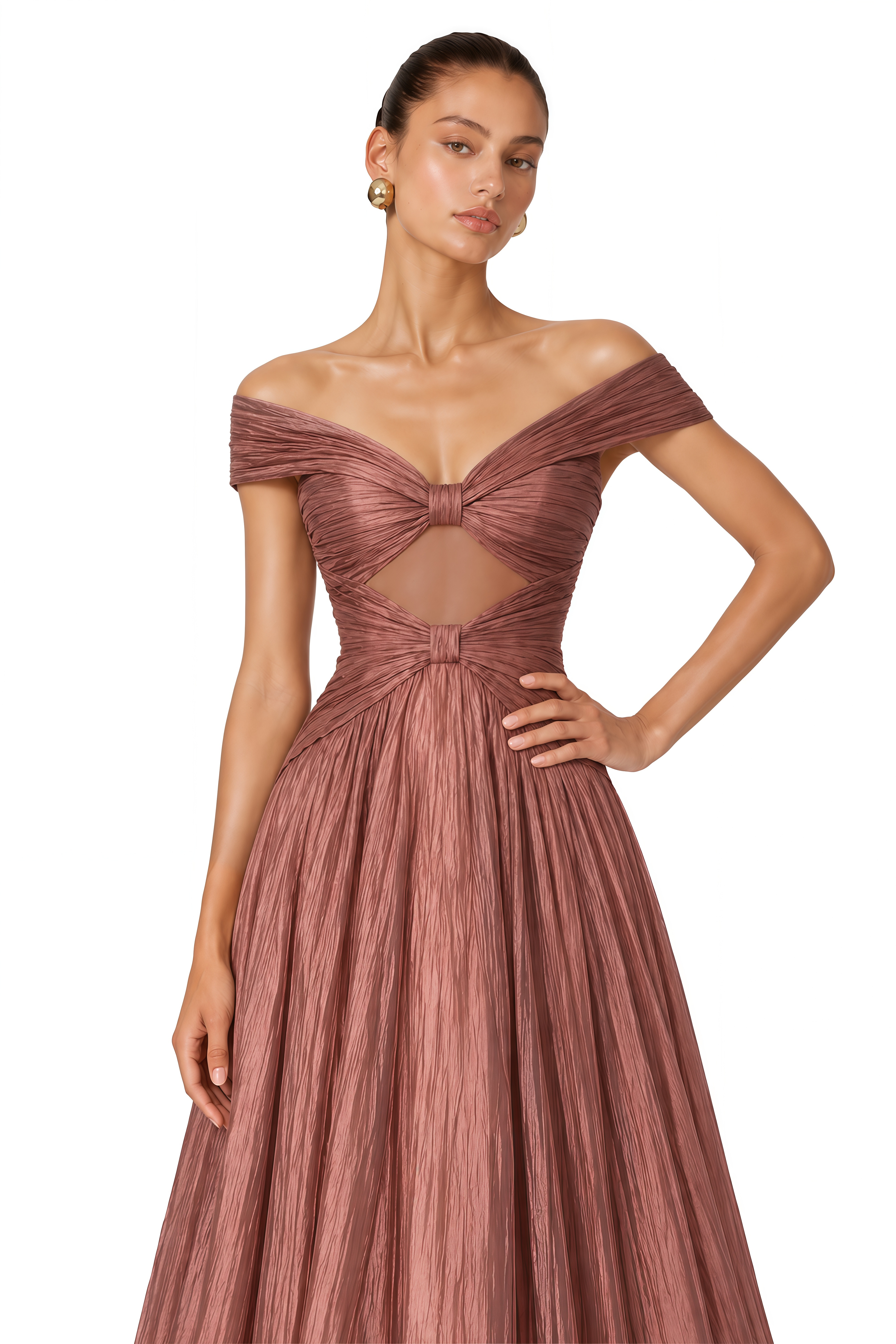 Odette Rose Brown Off-Shoulder Pleated Maxi Dress