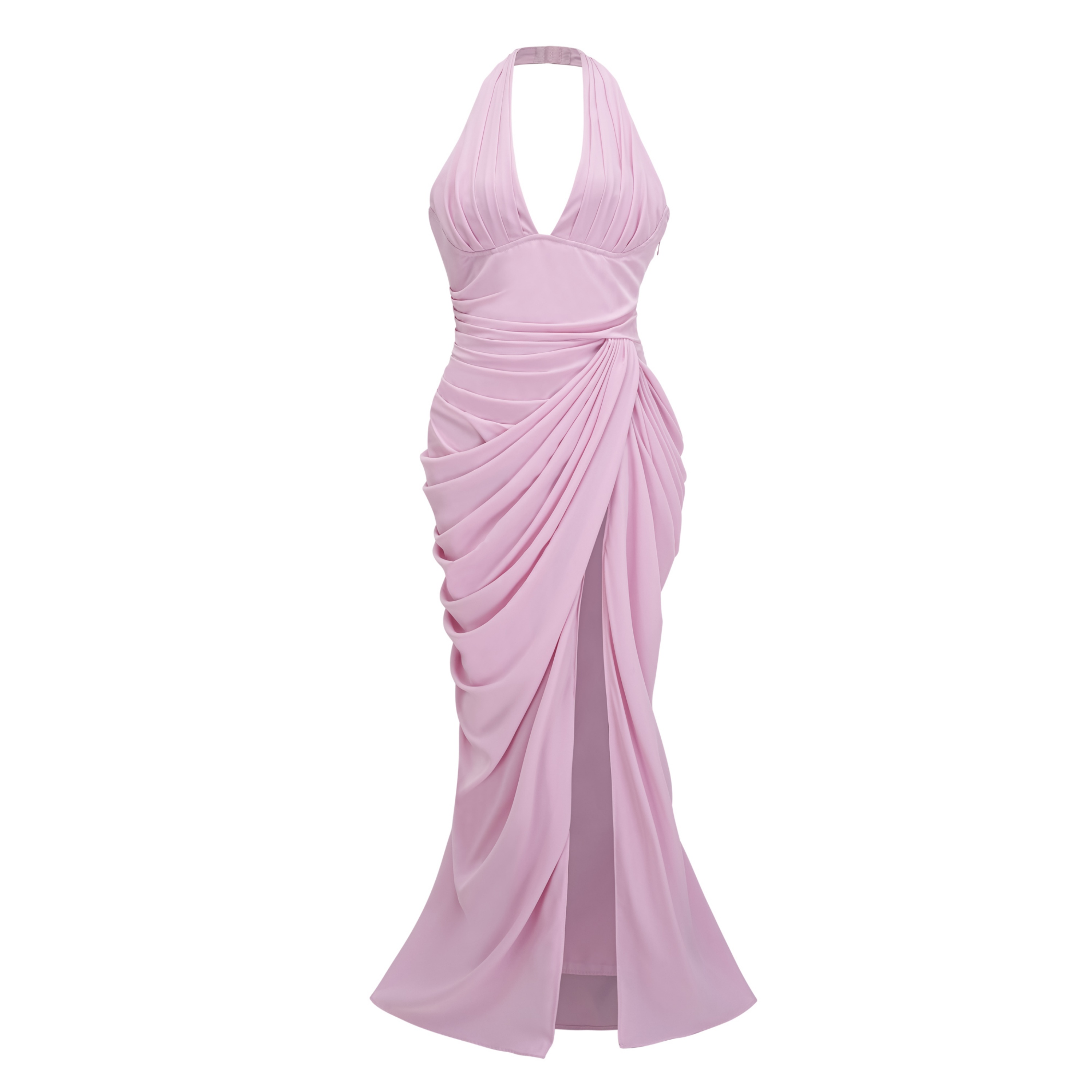 Ombeline Pink Halterneck Ruched Maxi Dress with Slit