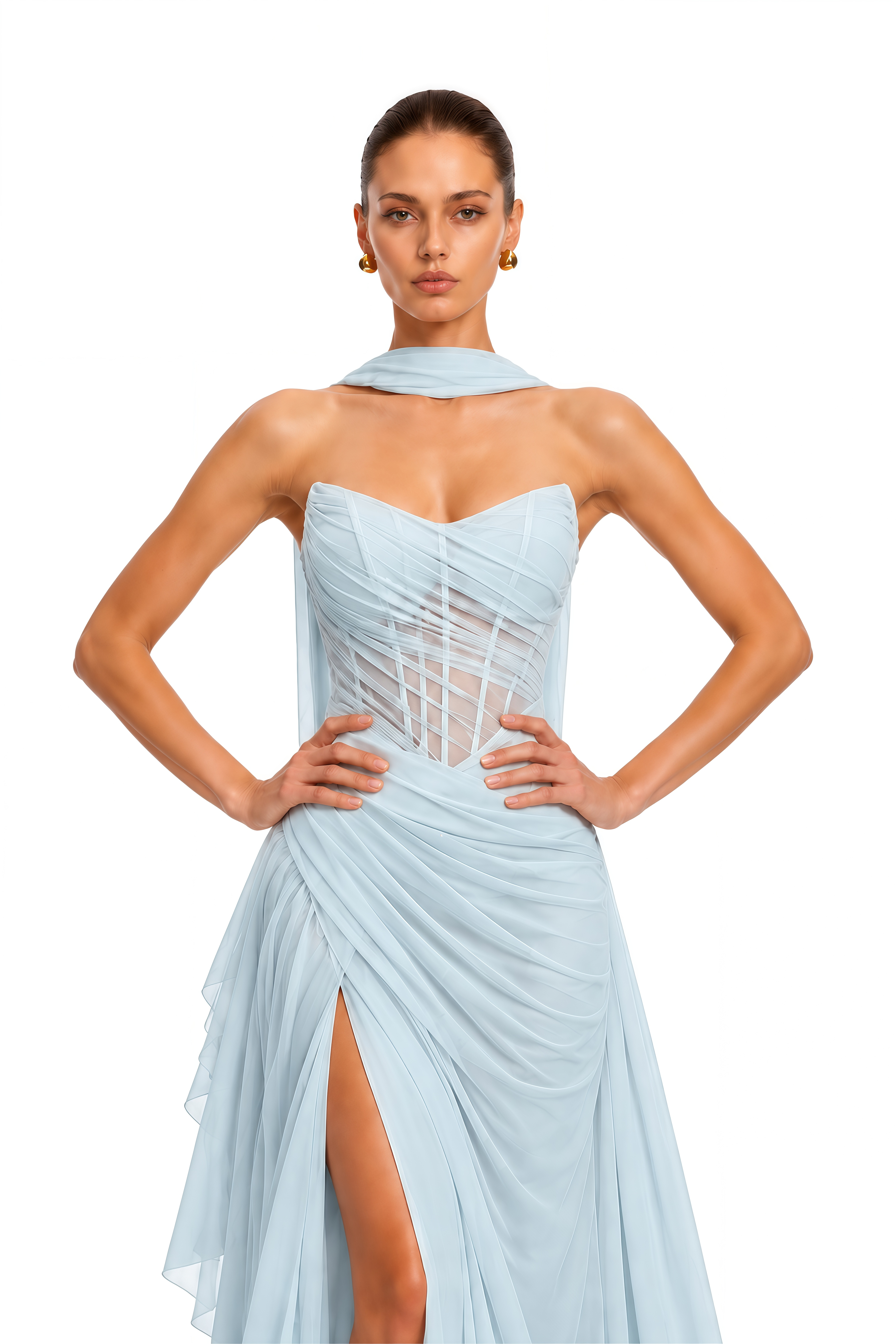 Prisha Blue Strapless Ruched Corset Slit Maxi Dress