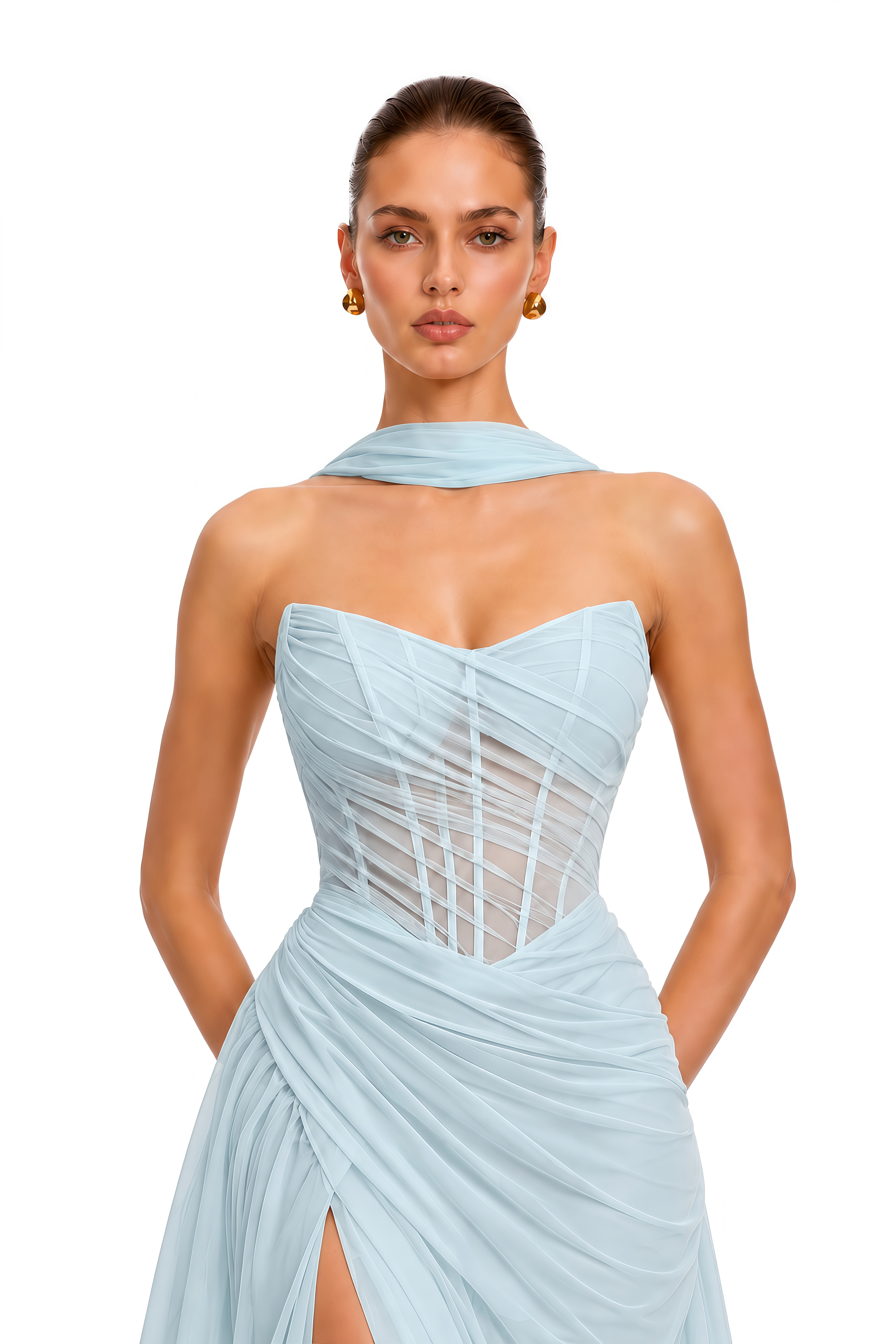 Prisha Blue Strapless Ruched Corset Slit Maxi Dress